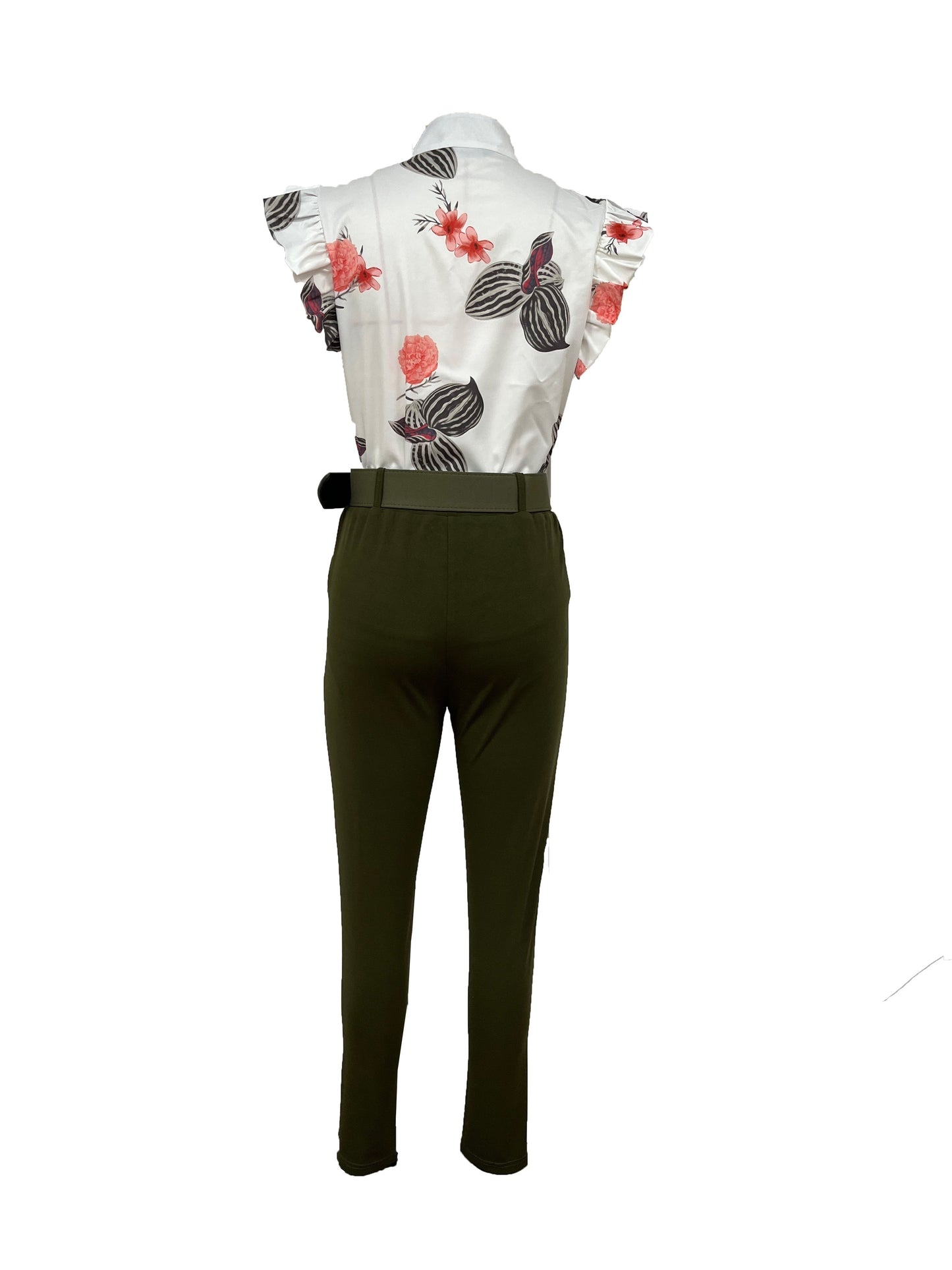 Women's Floral Print Ruffle Trim Top and High Waist Pants Set for Casual Spring and Summer Outfits