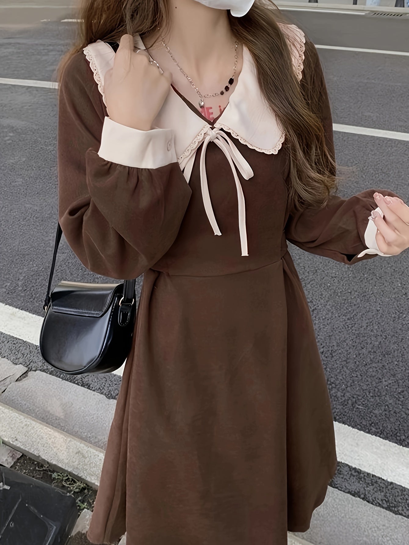 Sixsr Color Block Peter Pan Collar Dress, Casual Long Sleeve A-line Tied Dress, Women's Clothing