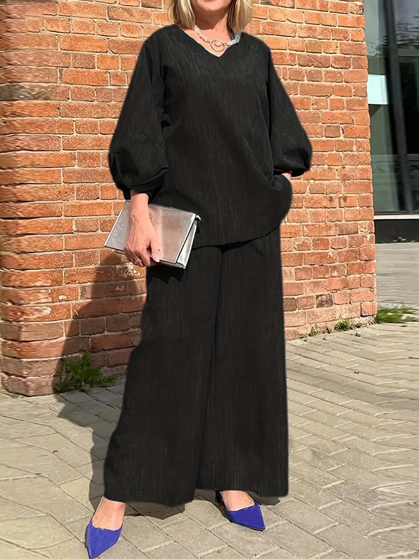 Sixsr Solid Casual Two-piece Set, V Neck Lantern Sleeve Tops & Wide Leg Pants Outfits, Women's Clothing