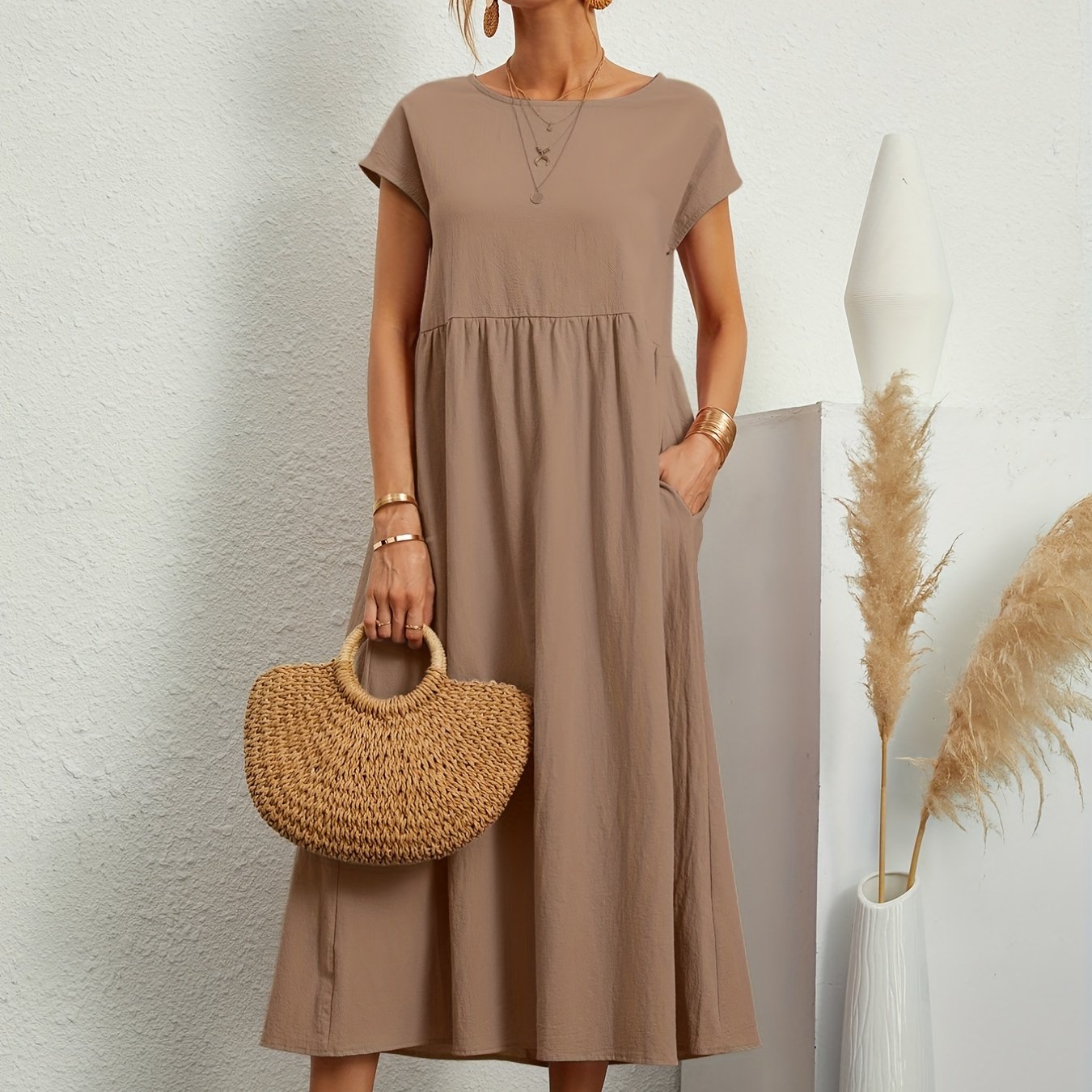 Sixsr Loose Pocket Solid Dress, Casual Short Sleeve Crew Neck Waist Summer Dress, Women's Clothing