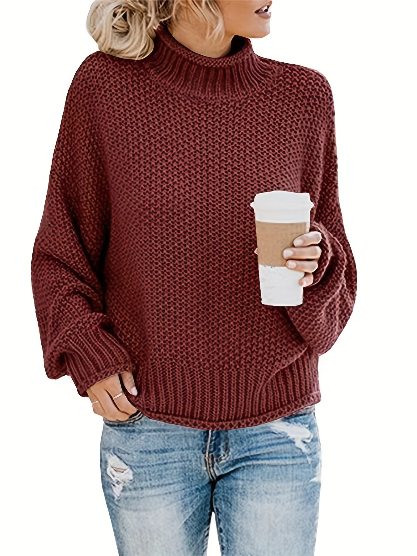 Sixsr Plus Size Casual Sweater, Women's Plus Solid Bat Sleeve Mock Neck Knitted Pullover Sweater