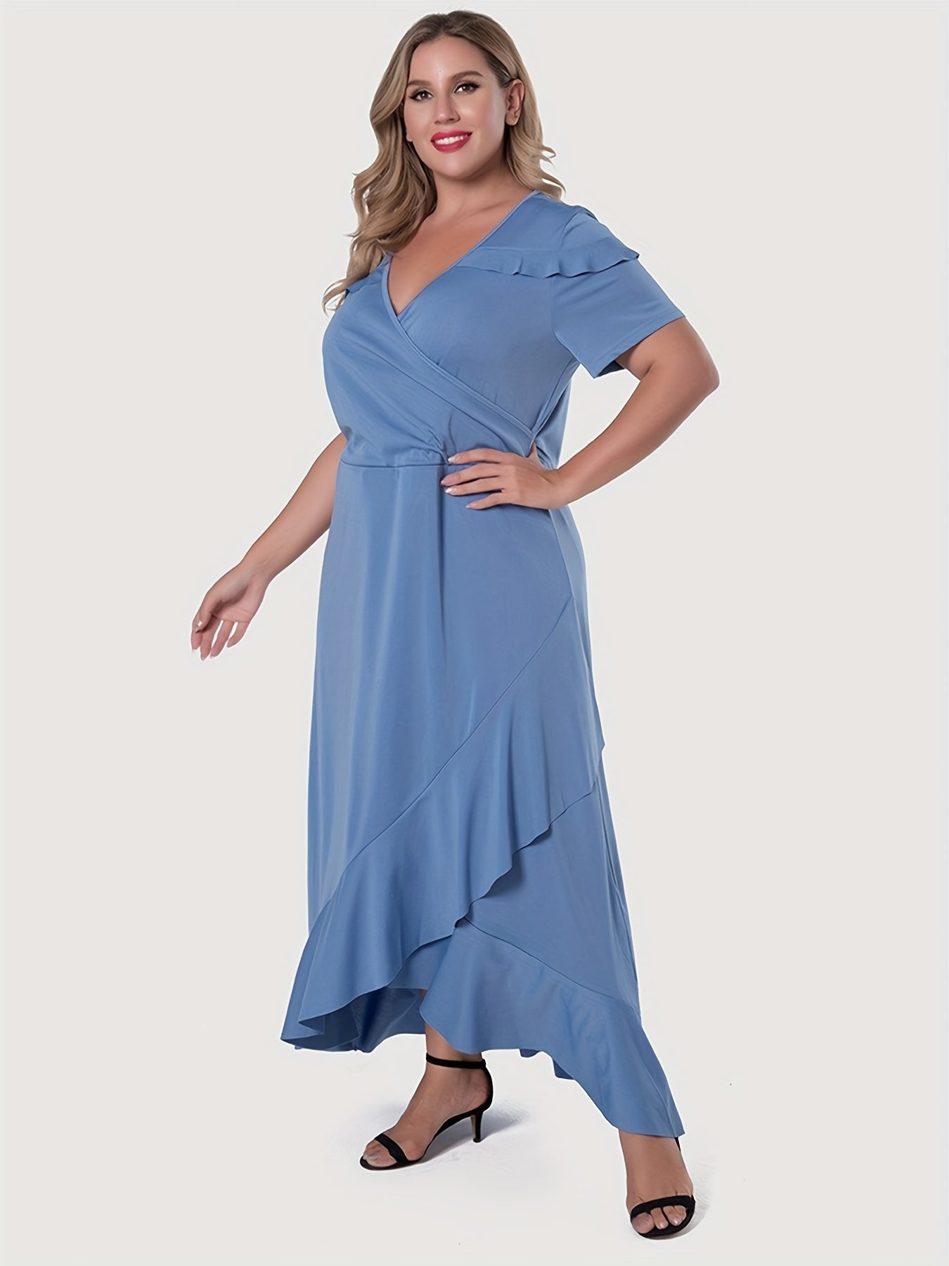 Sixsr Plus Size Elegant Dress, Women's Plus Plain Surplice Neck Ruffle Trim Short Sleeve Maxi Dress