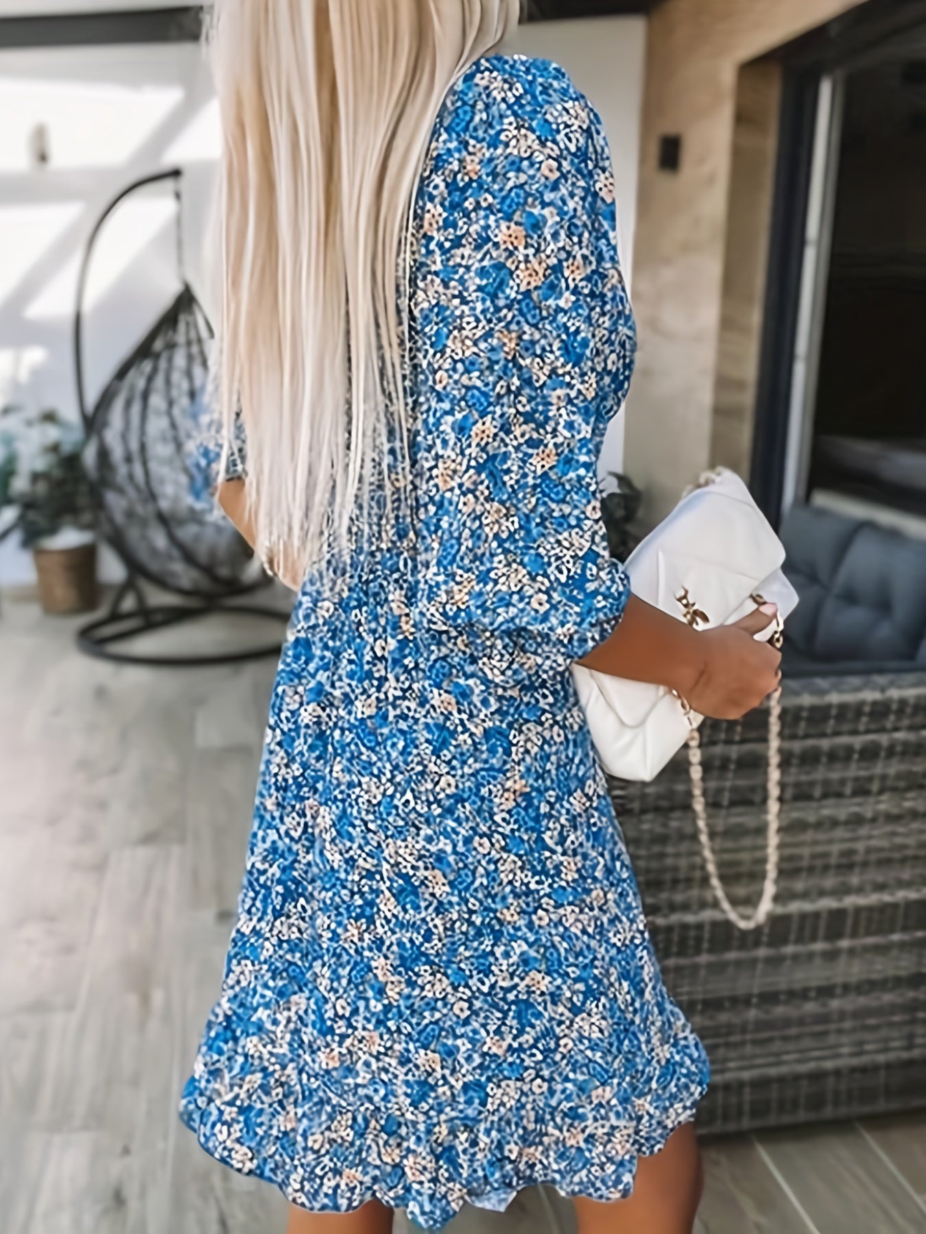 Sixsr Women's Dresses Puff Sleeve Floral Print Ruched Waist V-Neck Boho Dresses