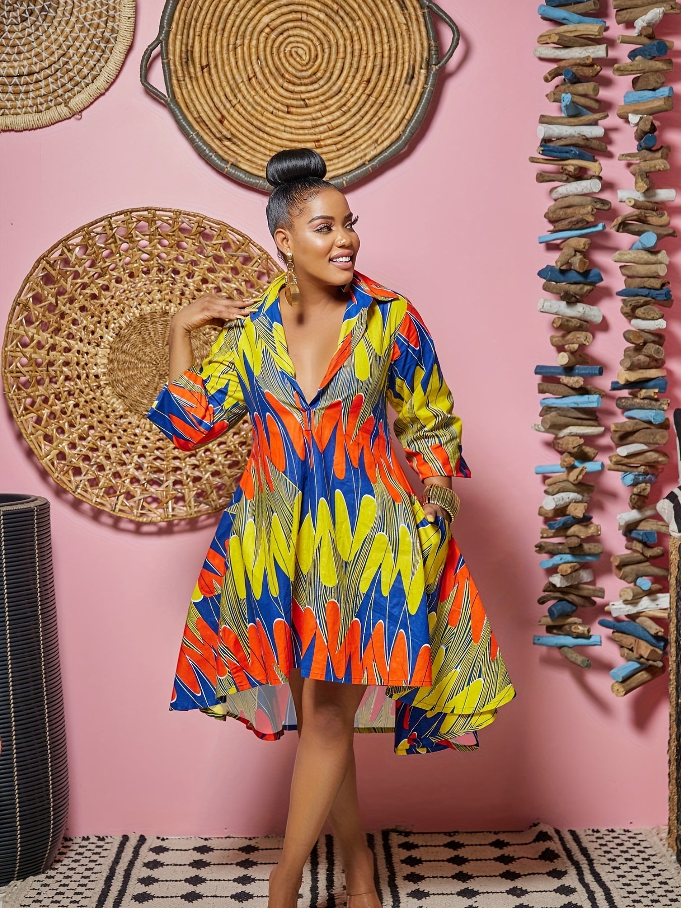 Sixsr Tribal Print Shirt Dress, Long Sleeve Casual Dress For Spring & Fall, Women's Clothing