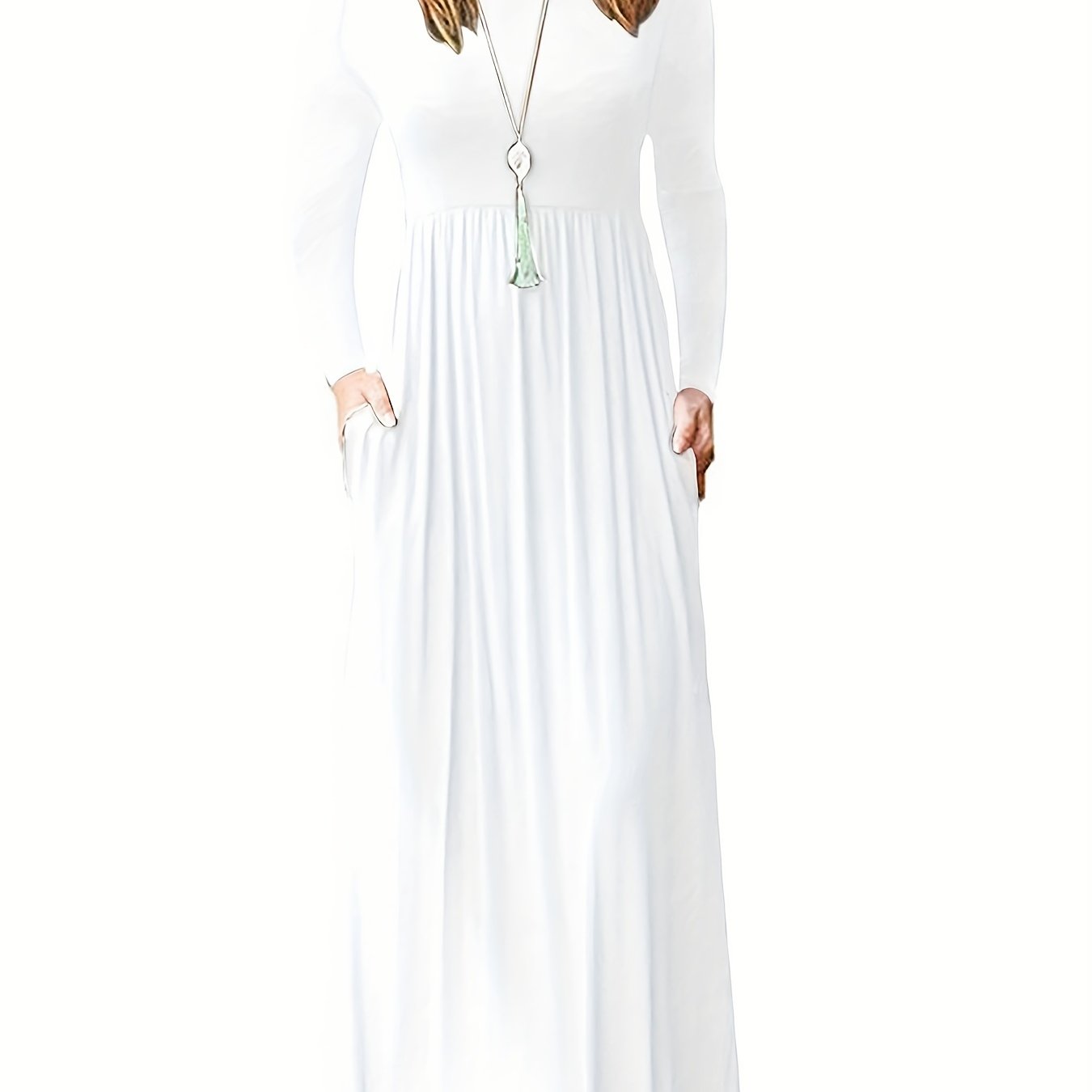 Sixsr Plus Size Casual Dress, Women's Plus Solid Long Sleeve Round Neck Medium Stretch Maxi Dress With Pockets