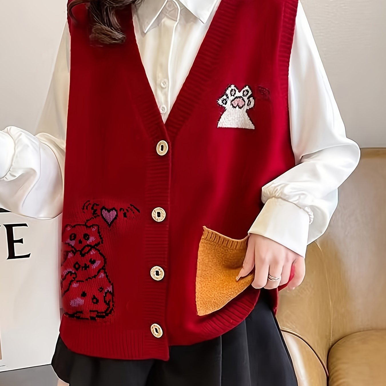 Sixsr Cartoon Pattern Button Front Sweater Veat, Elegant Sleeveless Vest, Women's Clothing