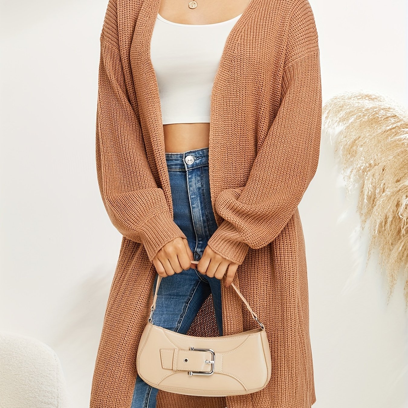 Sixsr Solid Long Length Knit Cardigan, Casual Open Front Long Sleeve Sweater, Women's Clothing