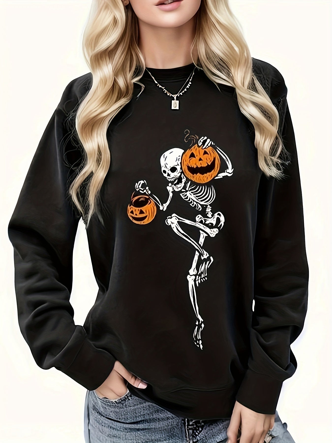 Sixsr Halloween Skull Print Pullover Sweatshirt, Casual Long Sleeve Crew Neck Sweatshirt For Spring & Fall, Women's Clothing
