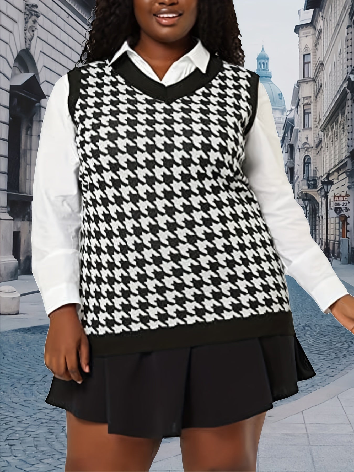 Sixsr Plus Size Preppy Vest, Women's Plus Houndstooth Pattern V Neck Medium Stretch Pullover Knit Vest