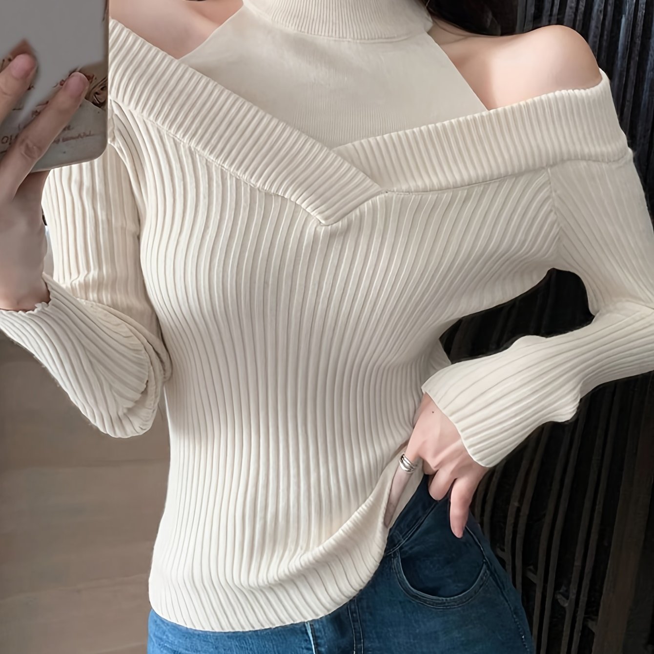 Sixsr Cold Shoulder Choker Neck Sweater, Chic Long Sleeve Sweater For Fall & Winter, Women's Clothing