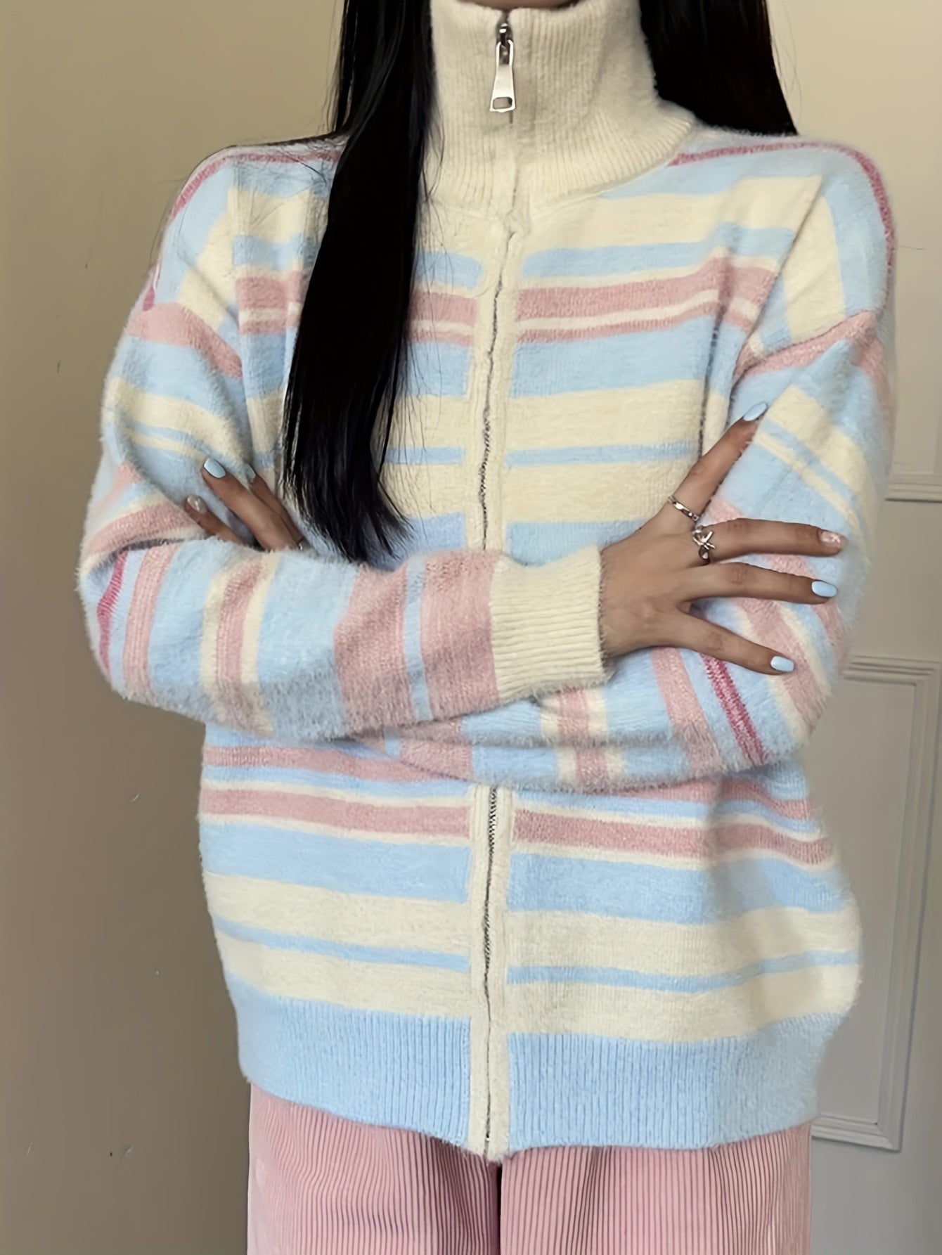 Sixsr Dopamine Striped Zip Up Knit Cardigan, Casual Turtle Neck Long Sleeve Loose Sweater, Women's Clothing