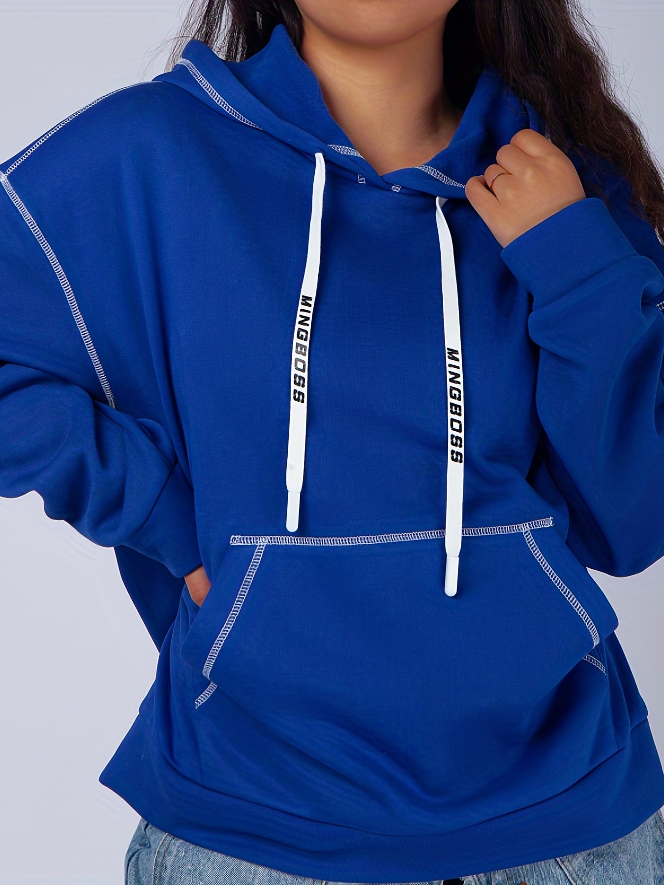 Sixsr Plus Size Casual Sweatshirt, Women's Plus Solid Pipping Long Sleeve Drawstring Hoodie