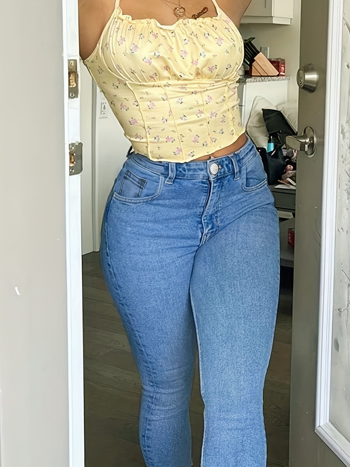 Sixsr Plus Size Casual Jeans, Women's Plus Solid Roll Up Hem Button Fly Medium Stretch Pencil Jeans