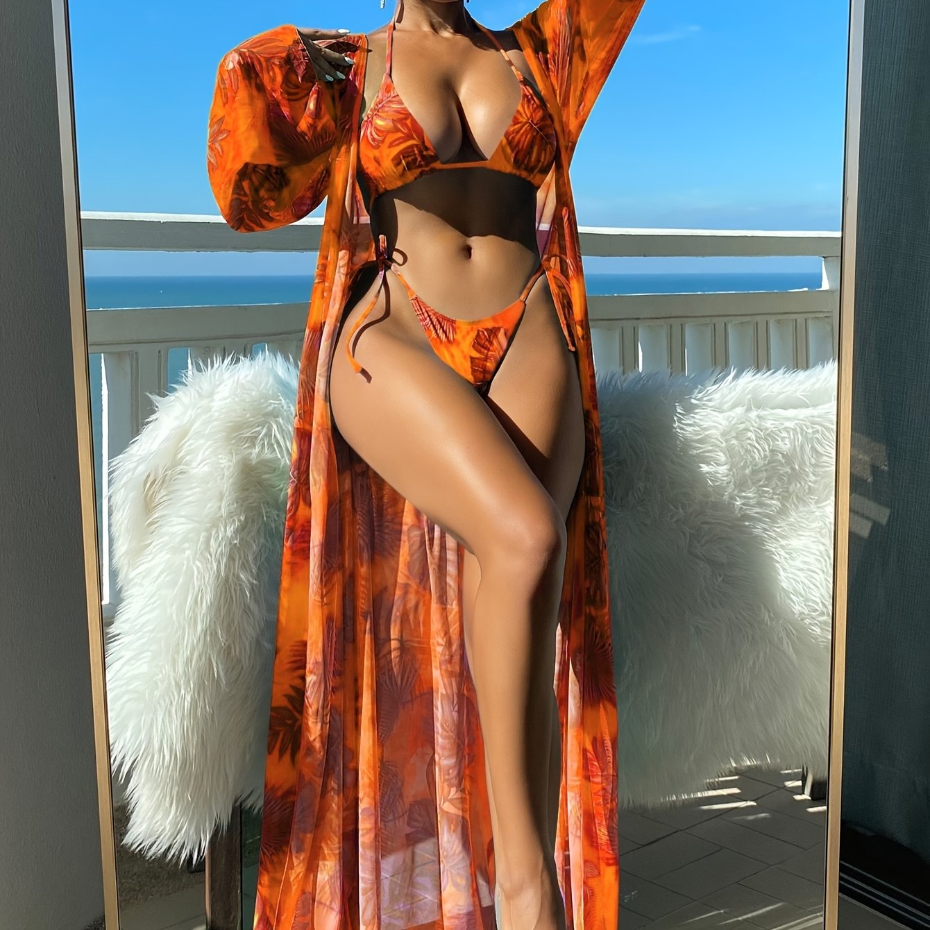 Sixsr Tropical Leaf Print Stretchy 3 Piece Set Bikini With Long Sleeve Kimono, Halter Stretchy Tie Strap Swimsuits, Women's Swimwear & Clothing
