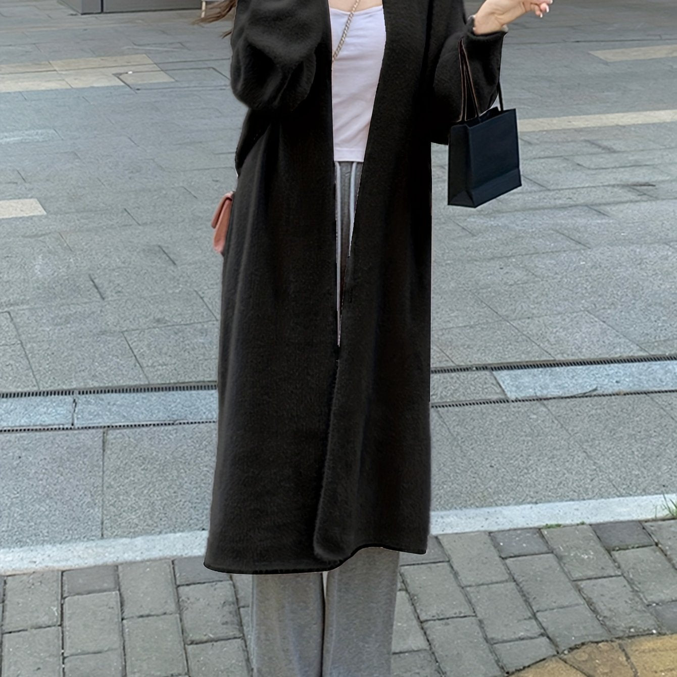 Sixsr Solid Open Front Loose Knit Cardigan, Elegant Long Sleeve Mid Length Comfy Sweater, Women's Clothing