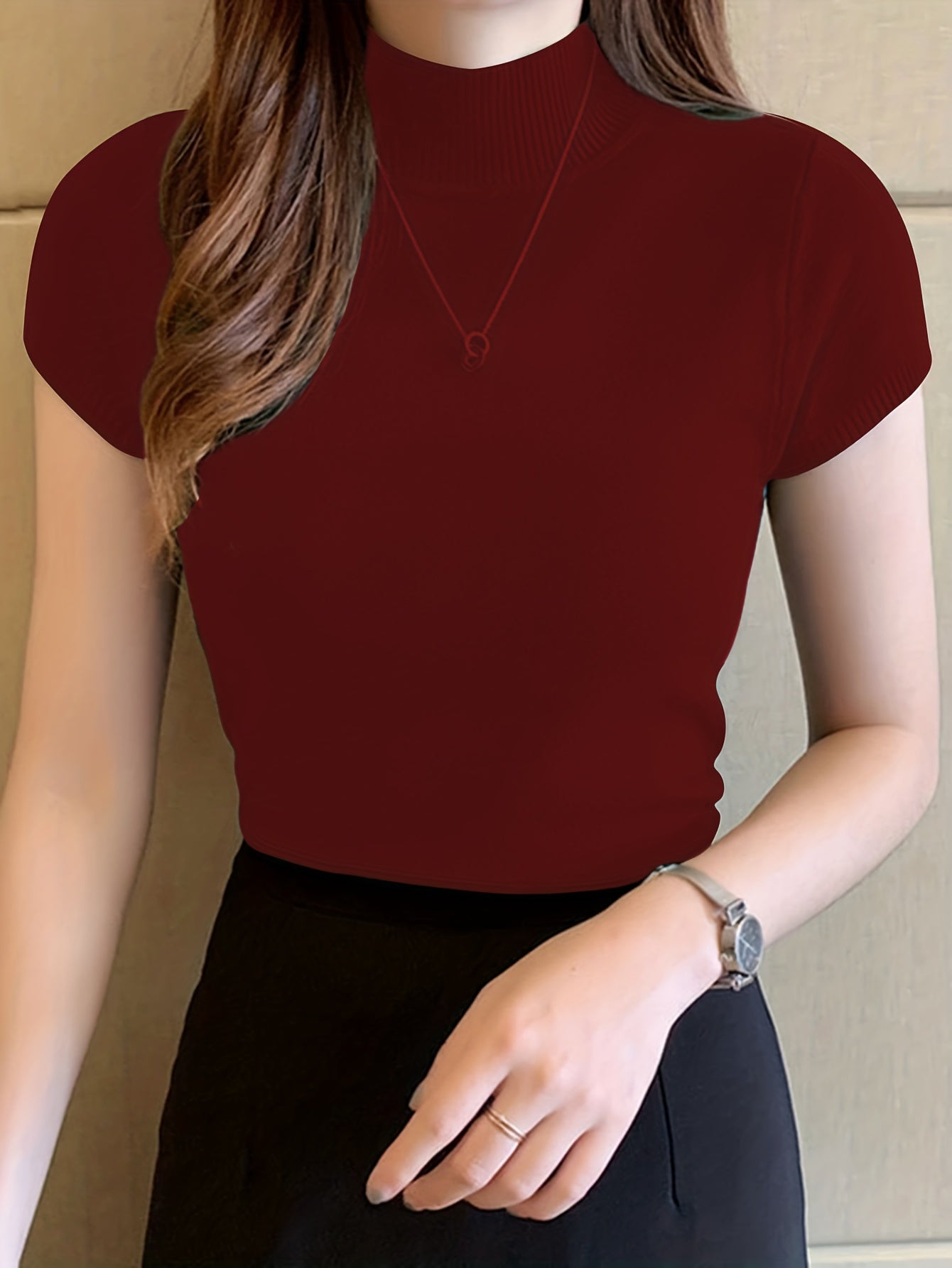 Sixsr Solid Mock Neck Knit Sweater, Casual Short Sleeve Sweater, Women's Clothing