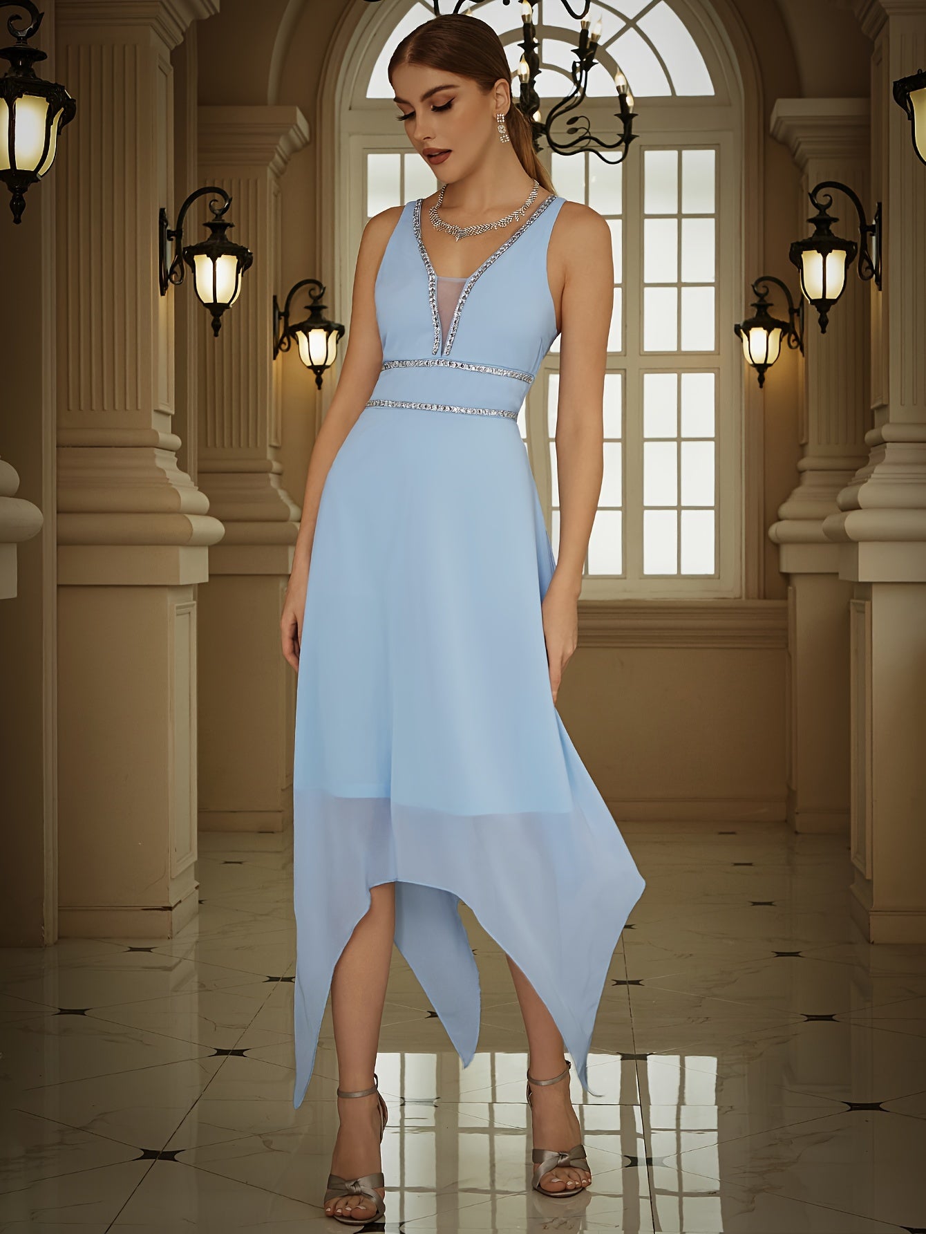 Sixsr Asymmetrical Hem Sleeveless Bridesmaid Dress, Elegant Contrast Mesh Dress For Wedding Party, Women's Clothing