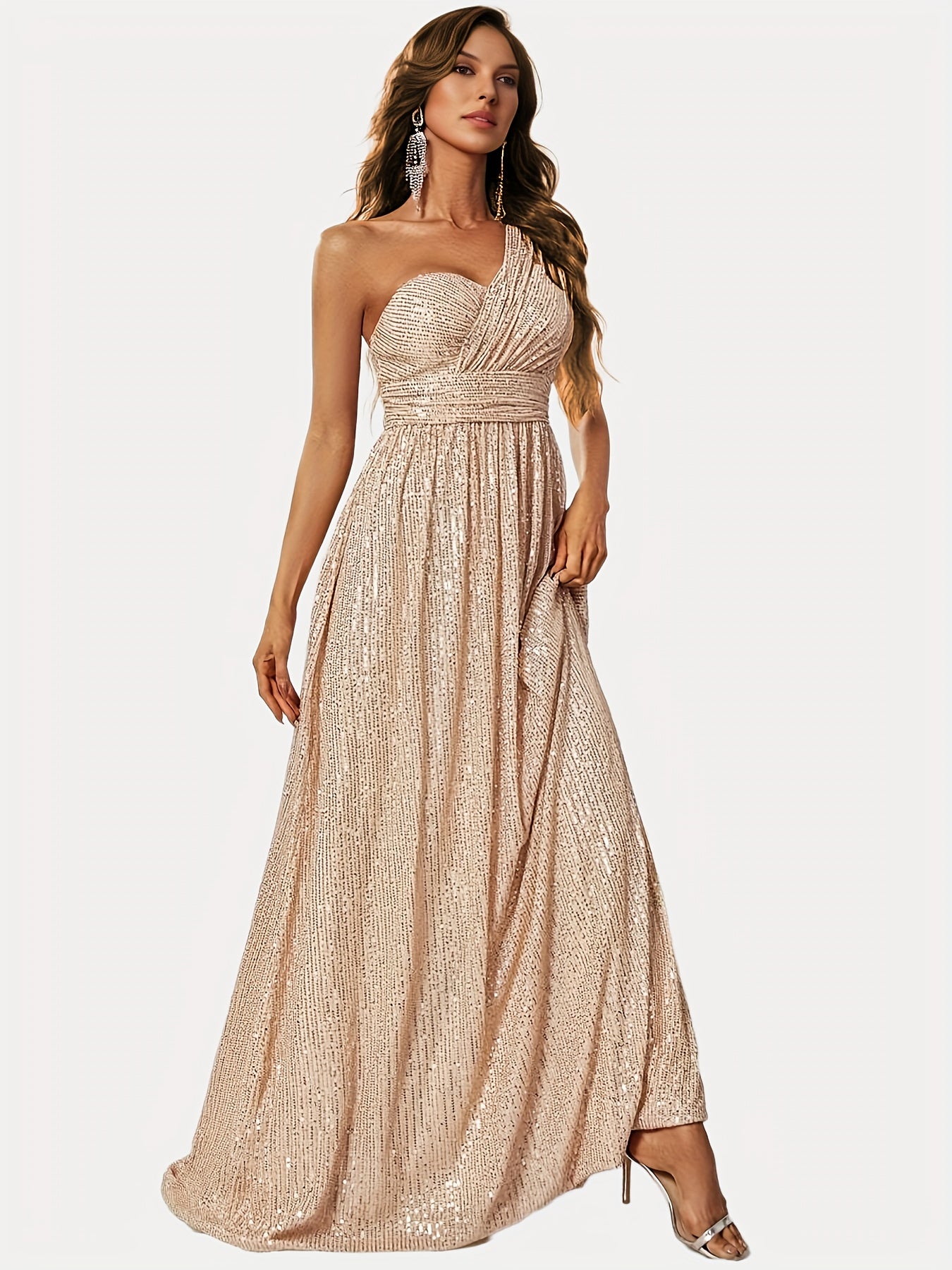 One Shoulder Sequins Floor Length Dress, Elegant Maxi Formal Evening Gown Dress, Women's Clothing