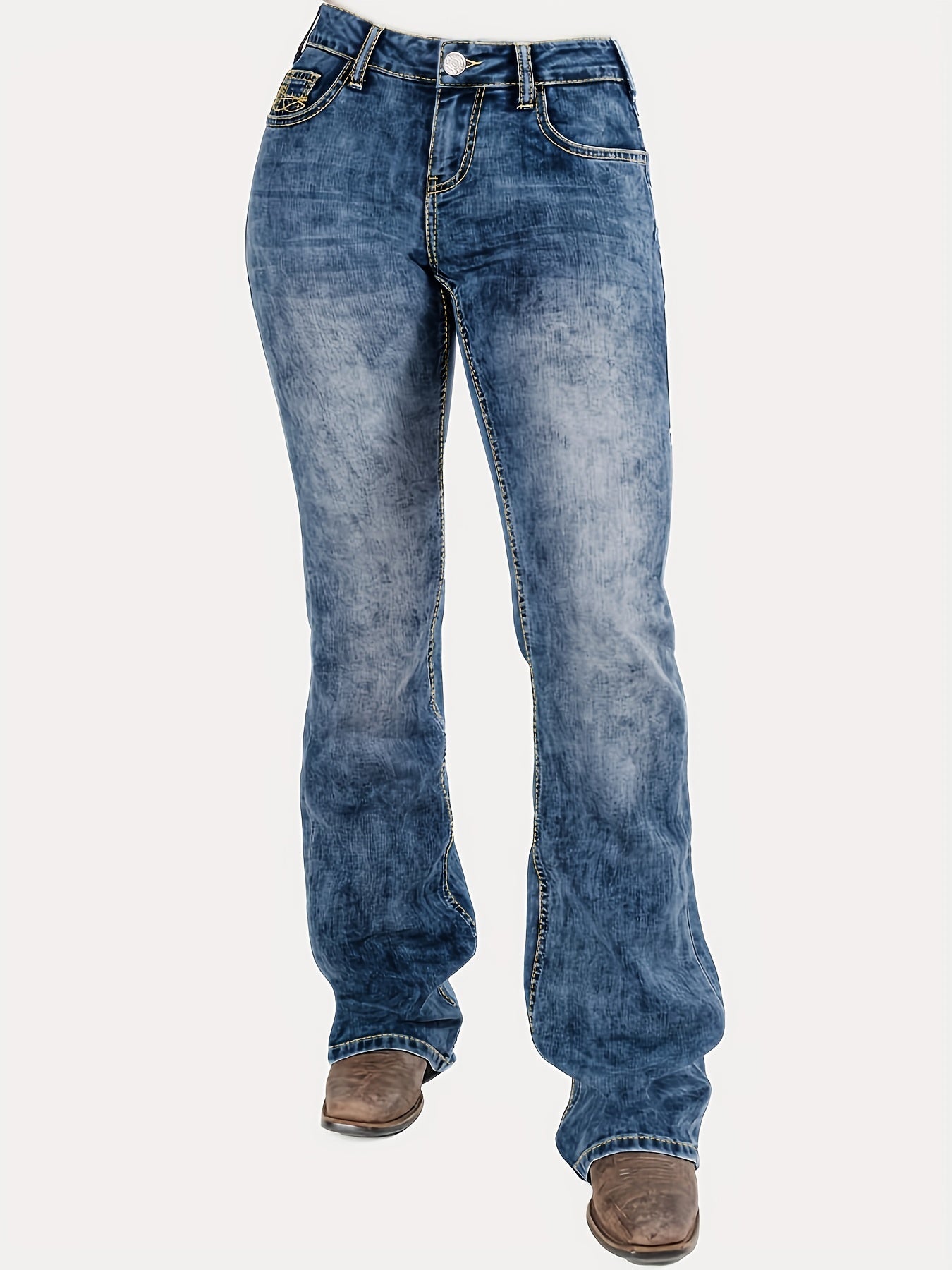 Sixsr Blue Whiskered Bootcut Jeans, Mid-Stretch Slant Pockets Mid Waist Versatile Denim Pants, Women's Denim Jeans & Clothing