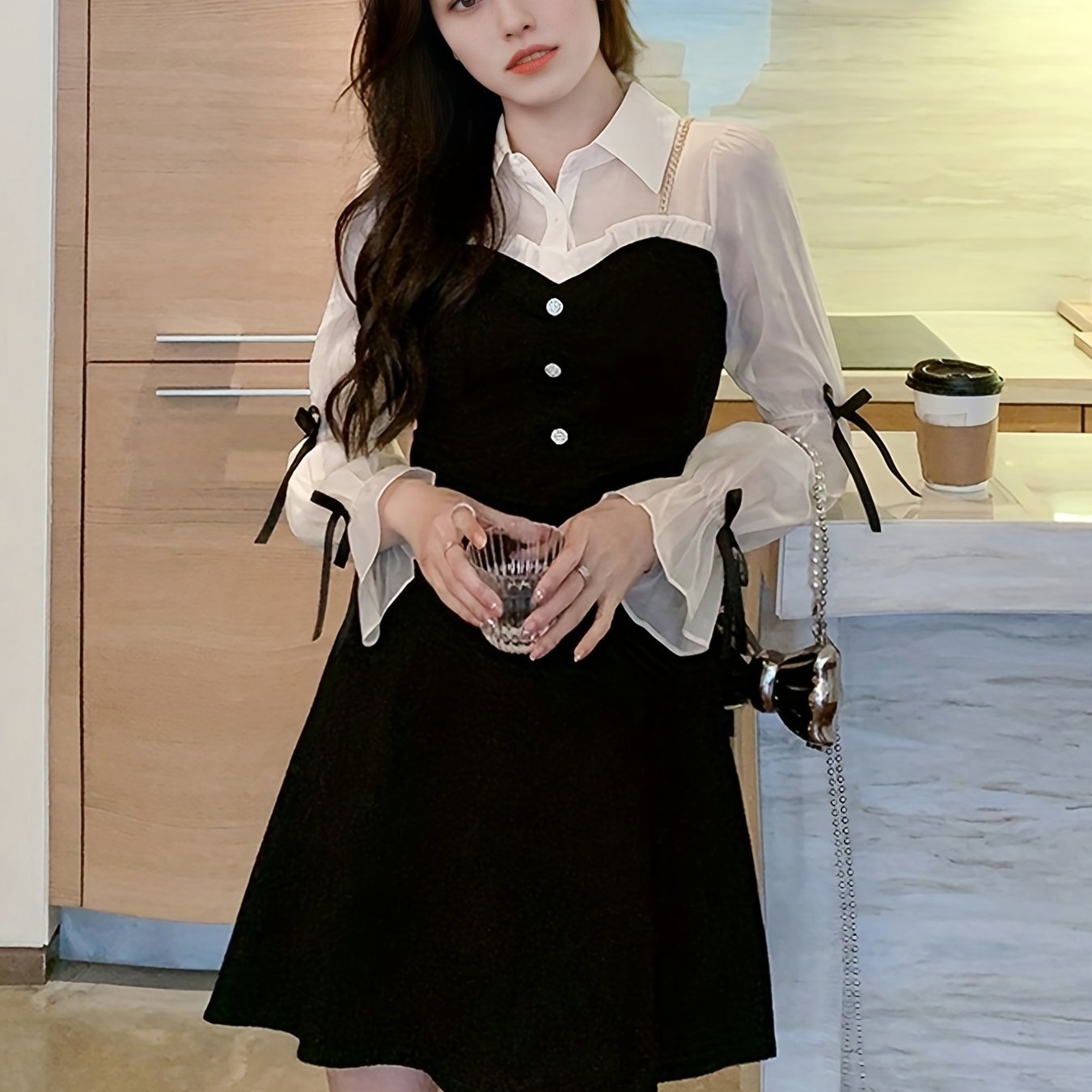 Sixsr Ruffle Trim Splicing Dress, Elegant Turn Down Collar Long Sleeve Sweetheart Neck Dress, Women's Clothing