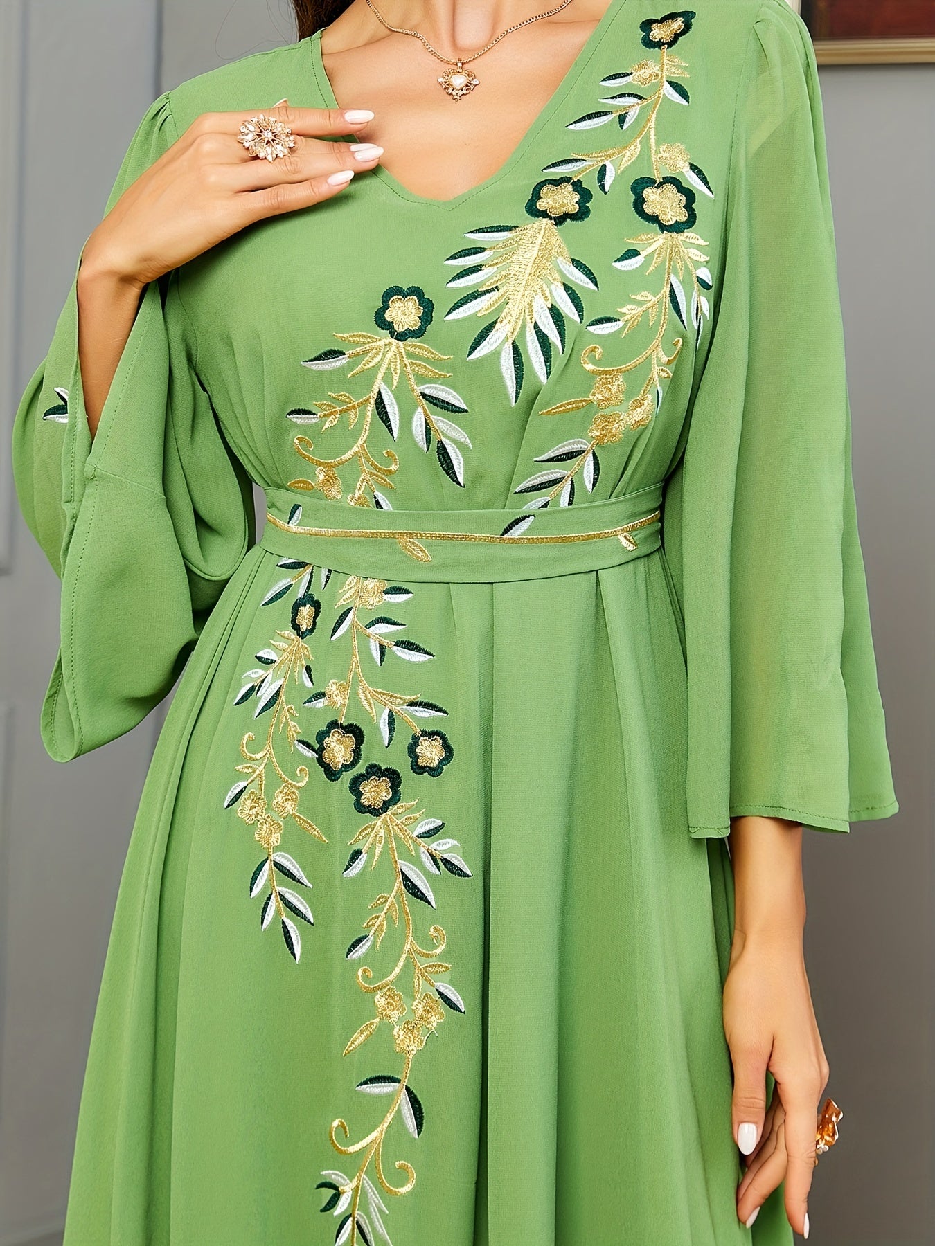 Sixsr Floral Embroidered V Neck Belted Dress, Elegant Bell Sleeve Maxi Dress, Women's Clothing