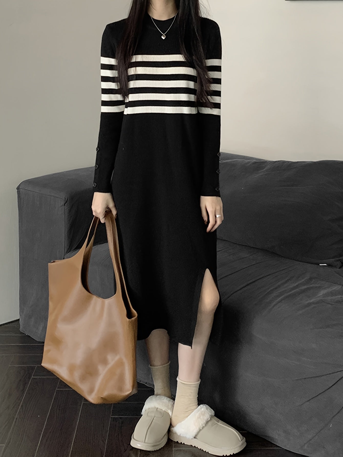 Sixsr Striped Pattern Split Hem Dress, Casual Long Sleeve Dress For Spring & Fall, Women's Clothing