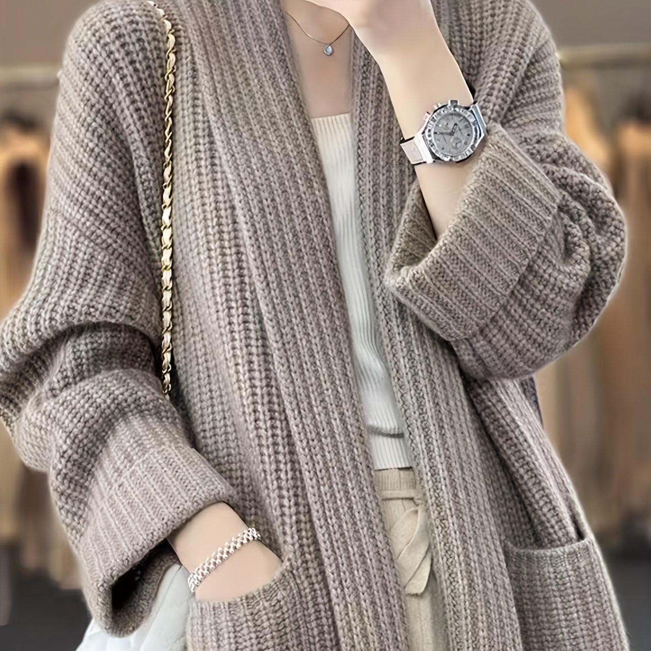 Sixsr Solid Open Front Knit Cardigan, Casual Long Sleeve Oversized Sweater Coat With Pocket, Women's Clothing
