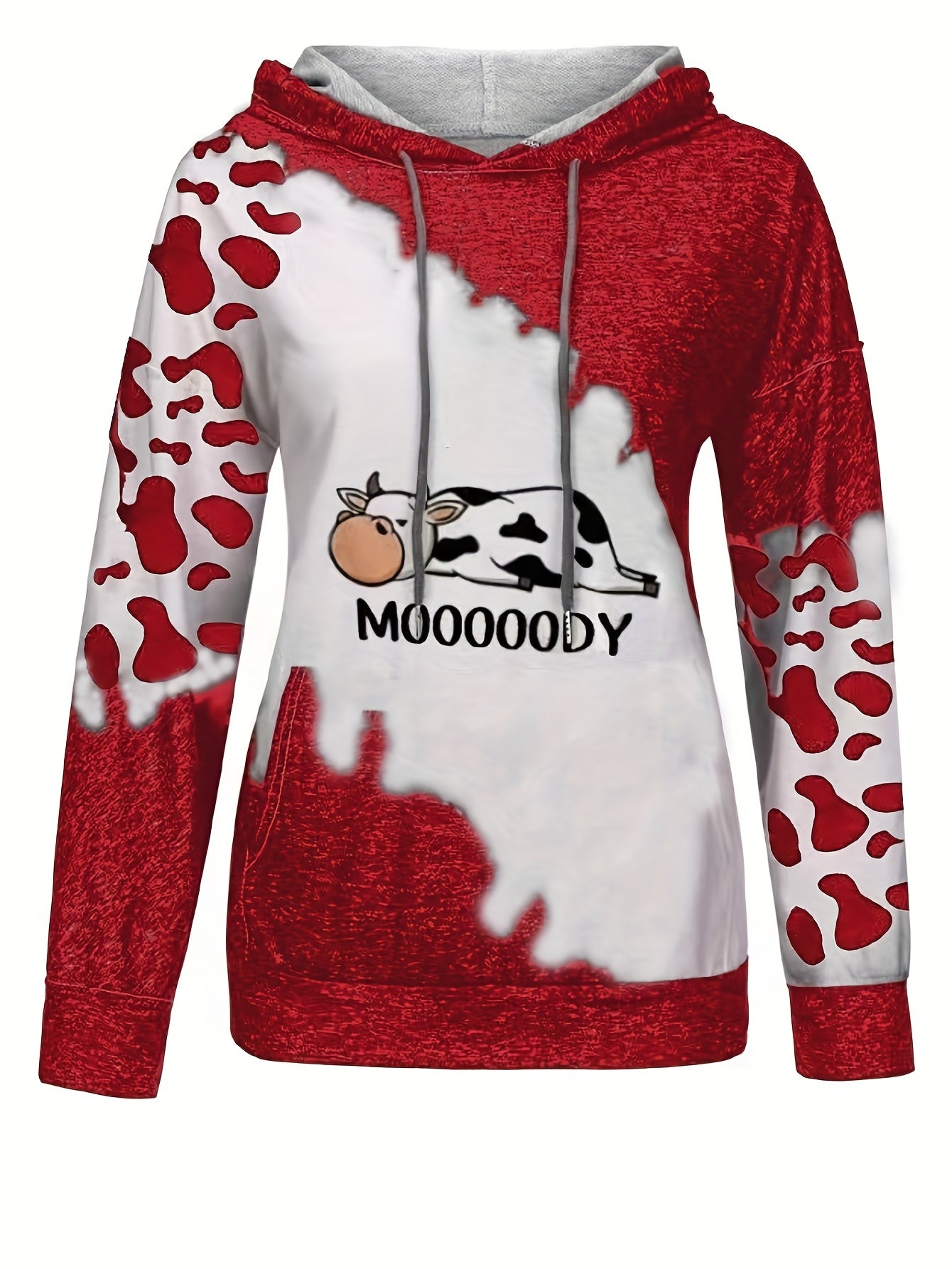 Sixsr Cow & Letter Print Hoodies, Casual Drawstring Kangaroo Pocket Sweatshirt, Women's Clothing