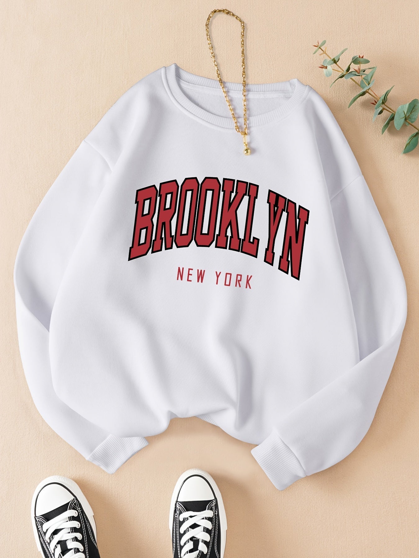 Sixsr Brooklyn Print Solid Pullover, Crew Neck Long Sleeve Casual Sweatshirt, Women's Clothing
