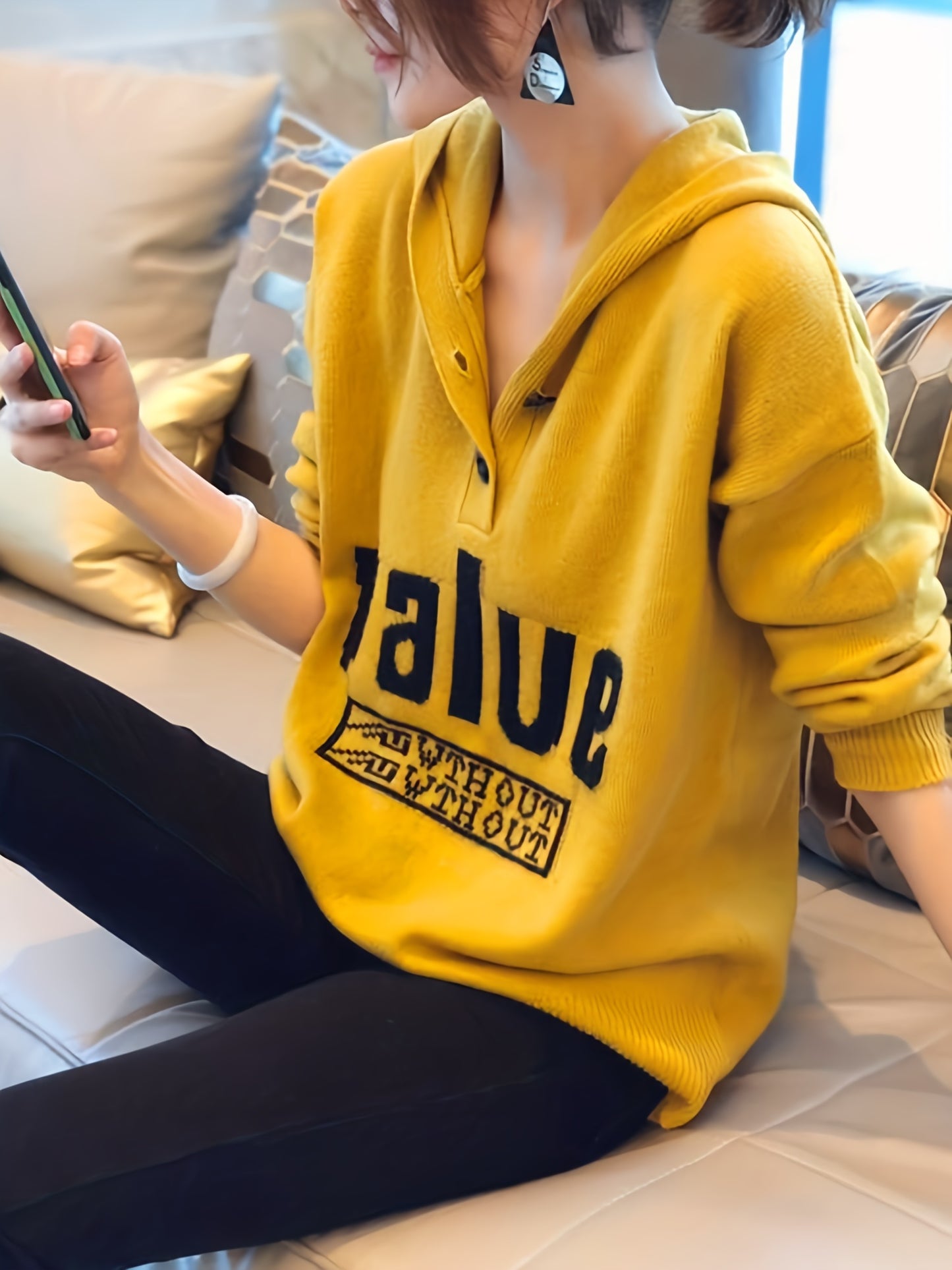 Sixsr Letter Pattern Button Hooded Sweater, Casual Long Sleeve Drop Shoulder Sweater For Fall & Winter, Women's Clothing