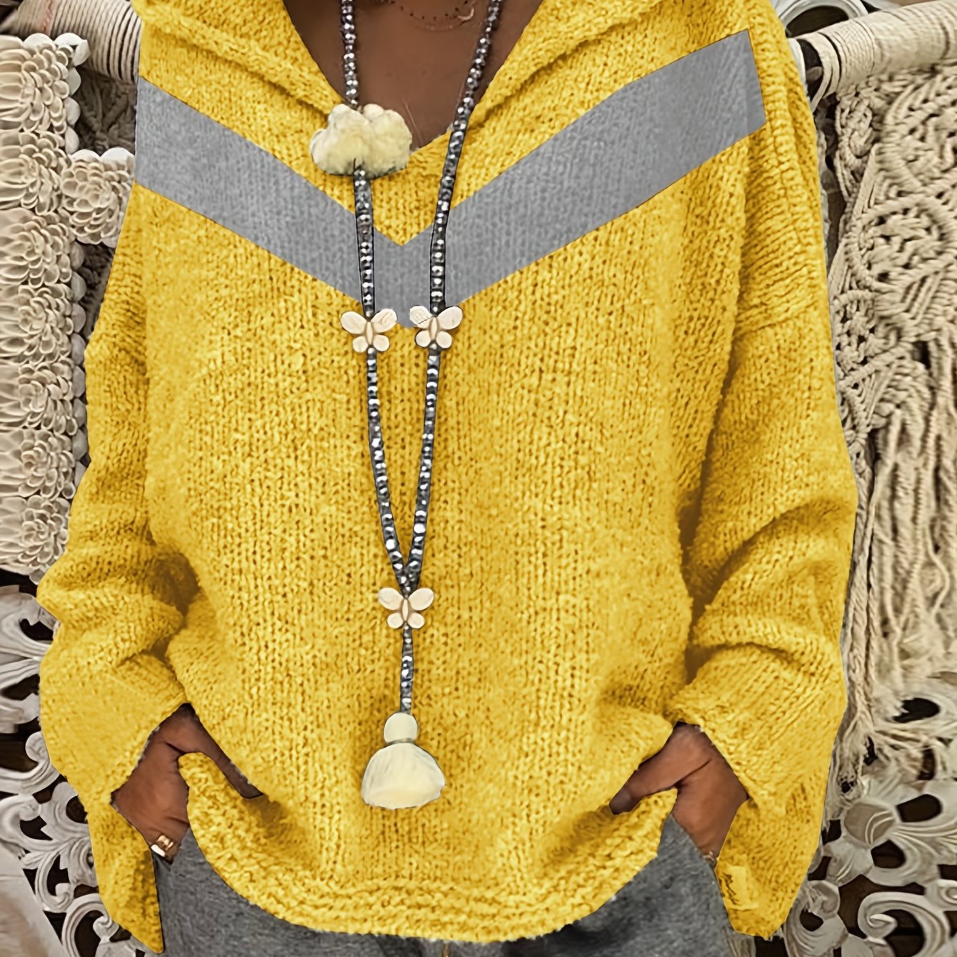 Sixsr Plus Size Casual Sweater, Women's Plus Colorblock Stripe Print Long Sleeve Hooded Jumper