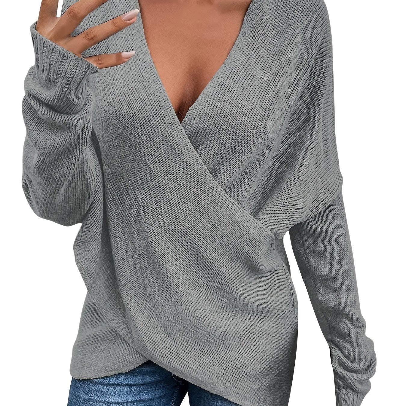 Sixsr Plus Size Twist Front Deep V Neck Irregular Hem Knit Tops, Women's Plus Slight Stretch Sexy Knit Tops