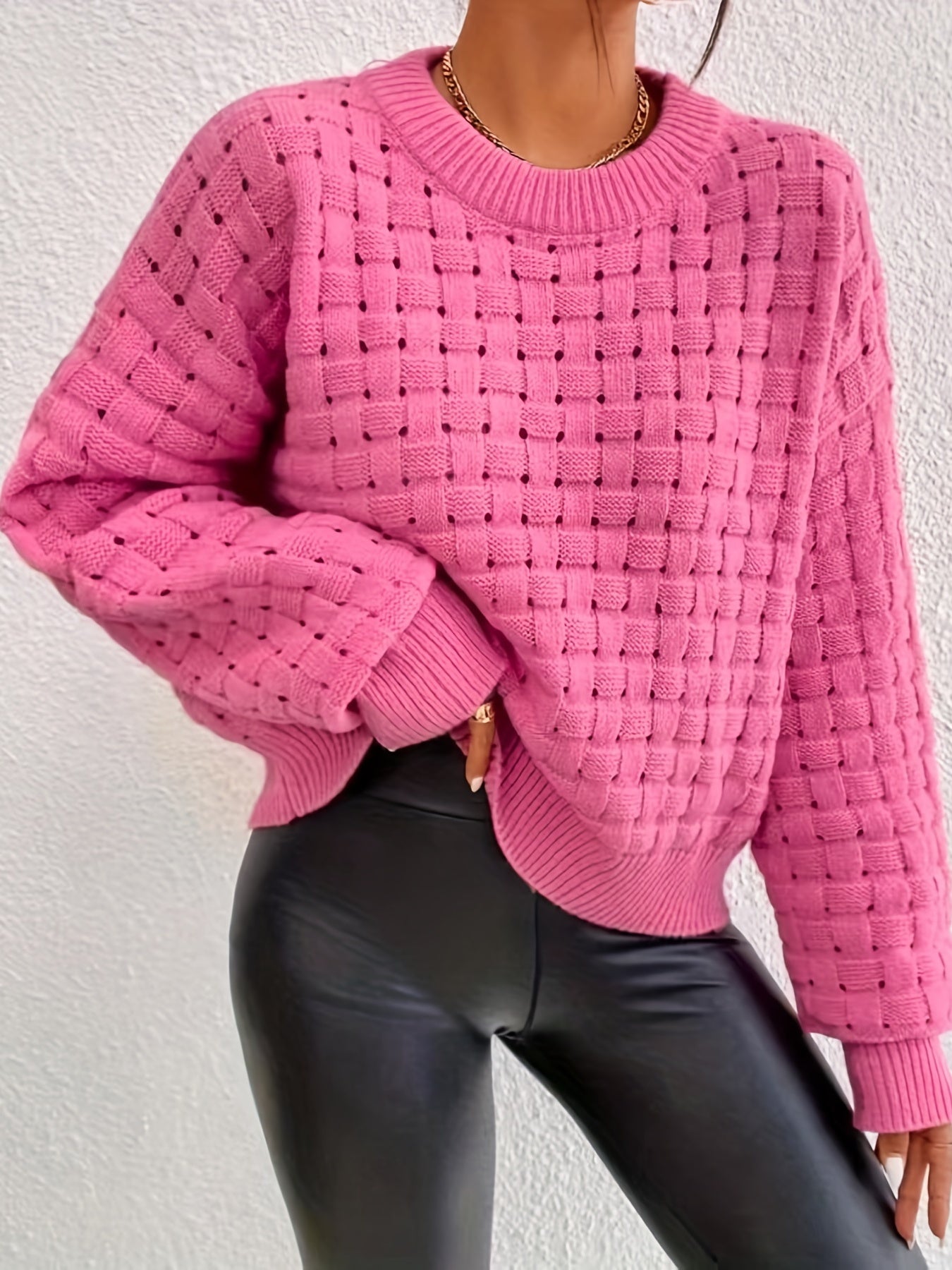 Sixsr Plaid Pattern Crew Neck Pullover Sweater, Casual Long Sleeve Sweater, Women's Clothing