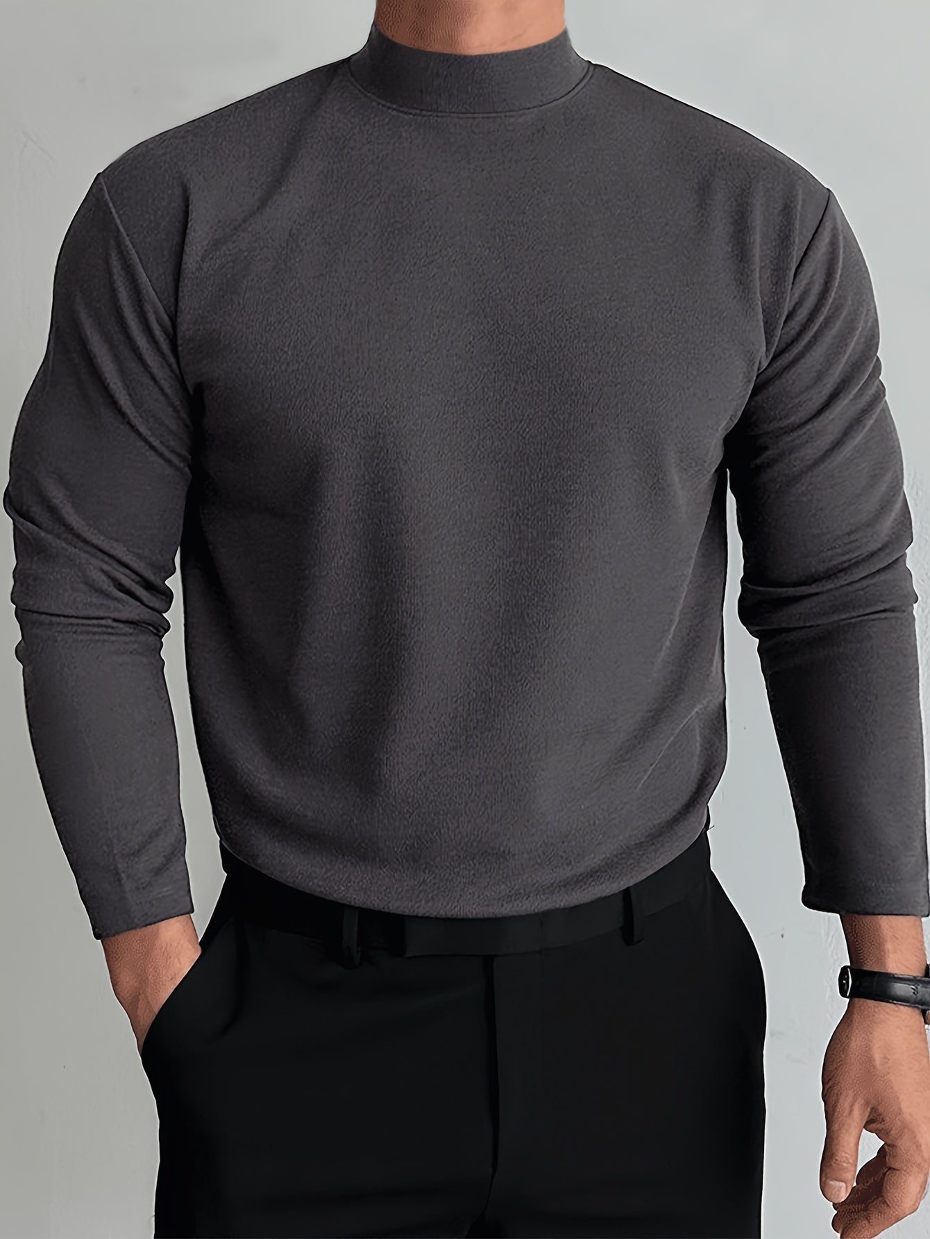 Sixsr Solid Comfy Men's Slim Fit Knitted Long Sleeve Turtleneck Bottoming Shirt, Men's Fleece Warm Top, Fall Winter