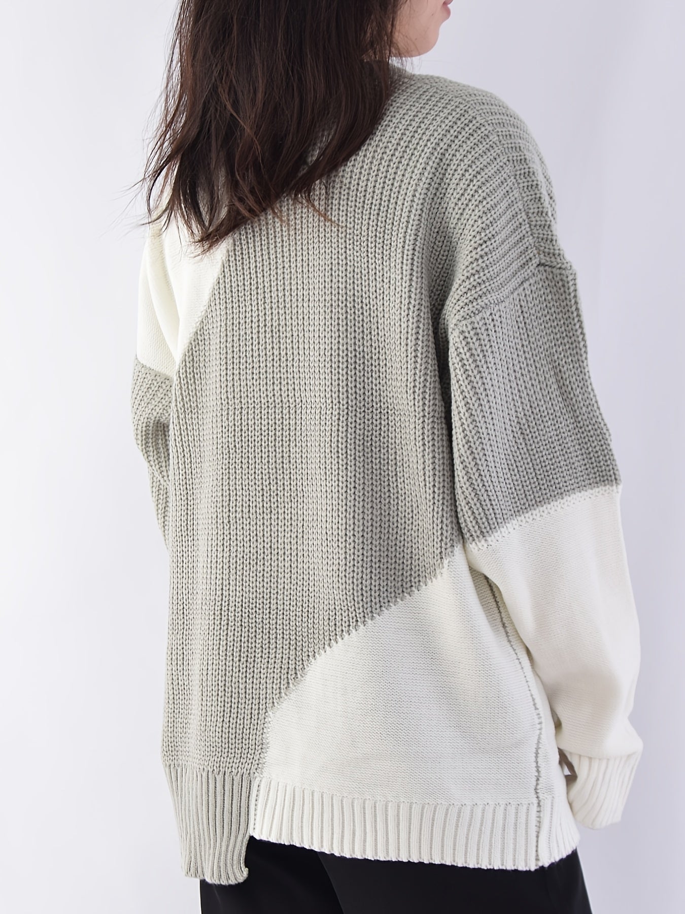 Sixsr Color Block Oversized Pullover Sweater, Casual Crew Neck Long Sleeve Sweater, Women's Clothing