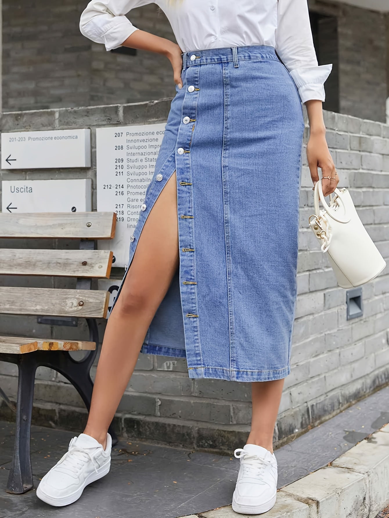 Sixsr Side Single-breasted Button Split Denim Skirts, High Waist Patchwork Versatile Denim Skirts, Women's Denim Clothing