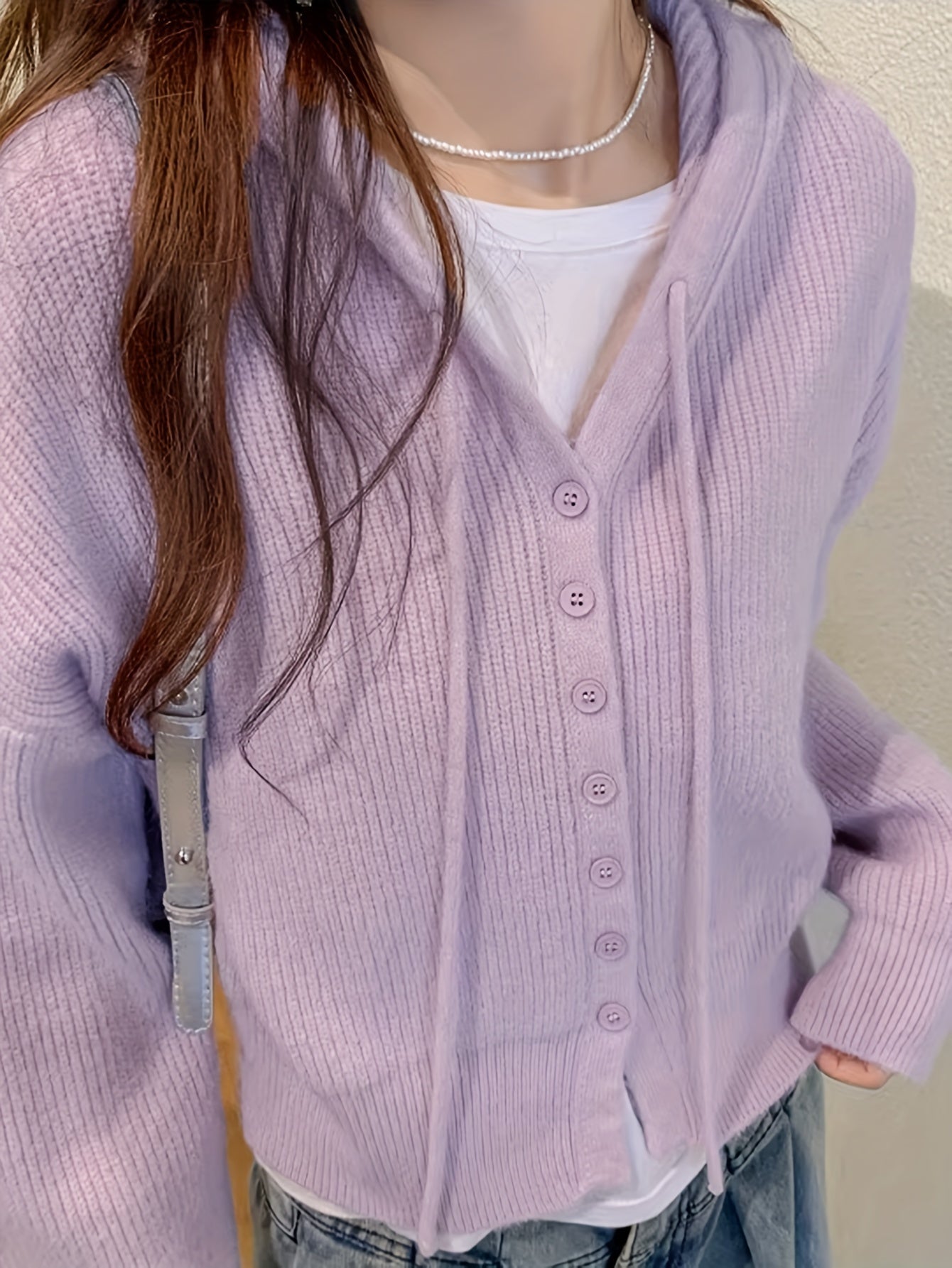 Sixsr Solid Button Down Drawstring Hooded Cardigan, Casual Long Sleeve Knit Sweater, Women's Clothing
