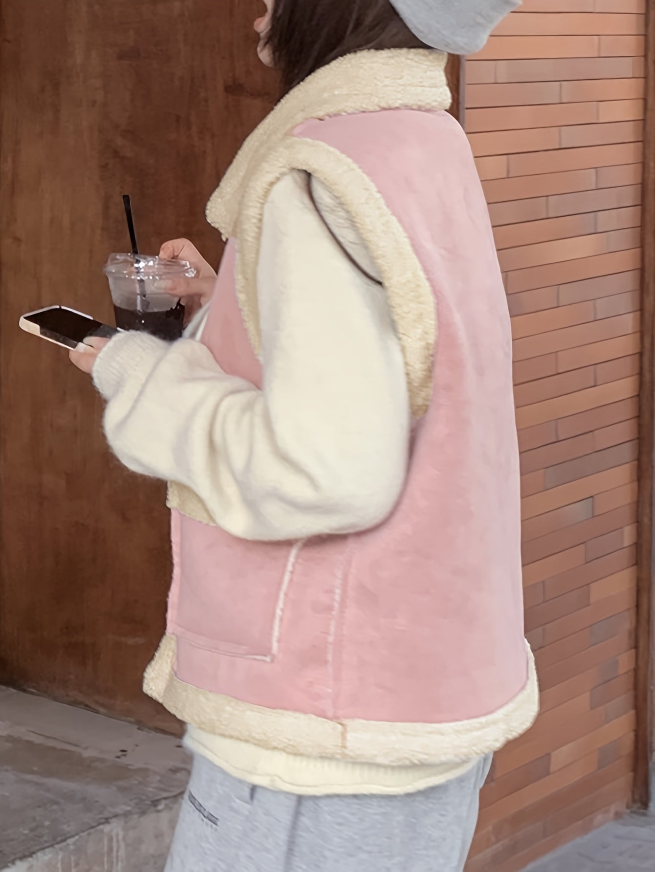 Sixsr Fuzzy Trim Solid Vest, Casual Buckle Front Sleeveless Warm Vest, Women's Clothing