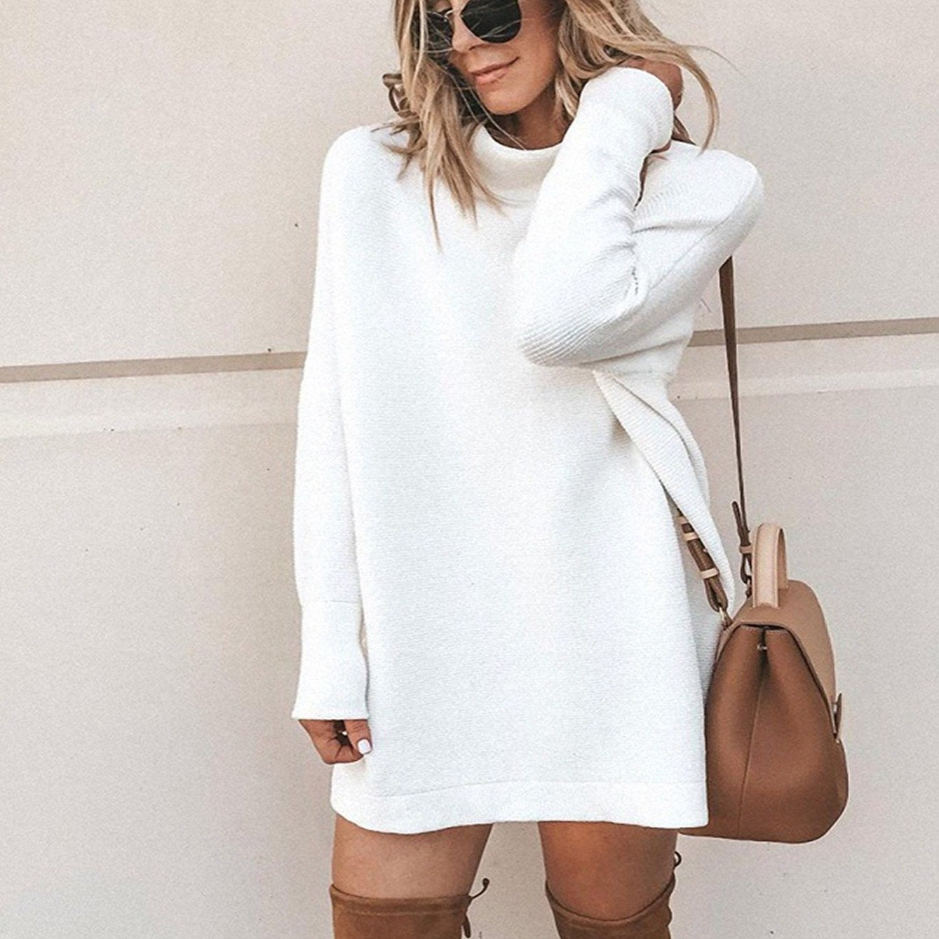 Sixsr Casual High Neck Dress, Long Sleeve Solid Loose Fitting Basic Dresses, Women's Clothing