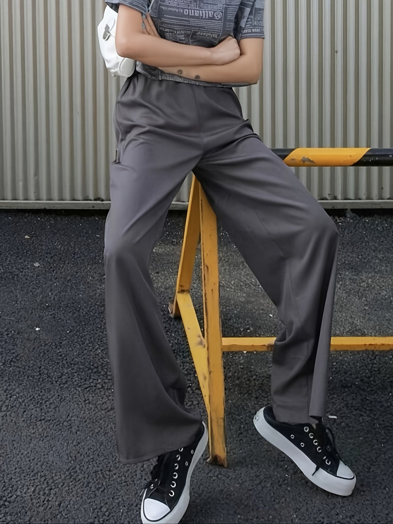 Sixsr Solid Straight Wide Leg Pants, High Waist Elastic Pants, Casual Every Day Pants, Women's Clothing