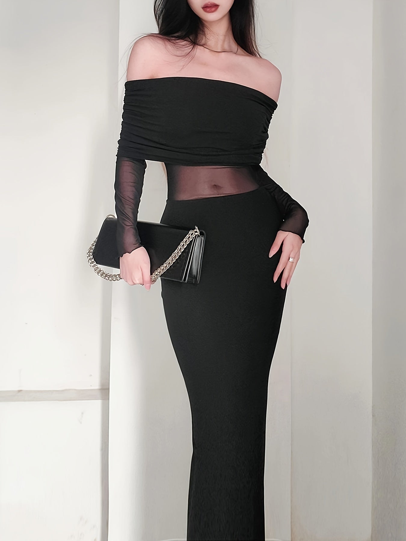 Sixsr Foldover Off-shoulder Mesh Dress, Stylish Long Sleeve Slim Dress, Women's Clothing