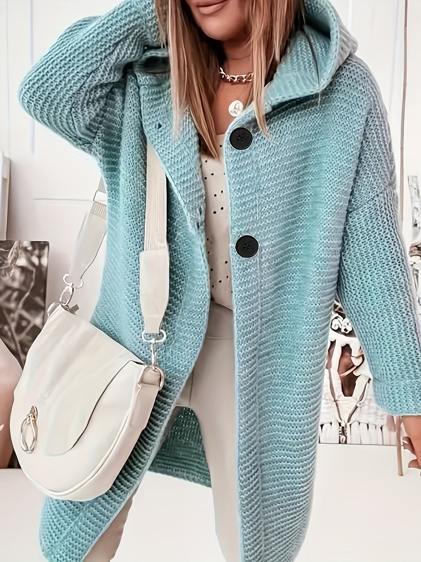 Sixsr Button Front Hooded Knit Cardigan, Casual Long Sleeve Simple Sweater, Women's Clothing