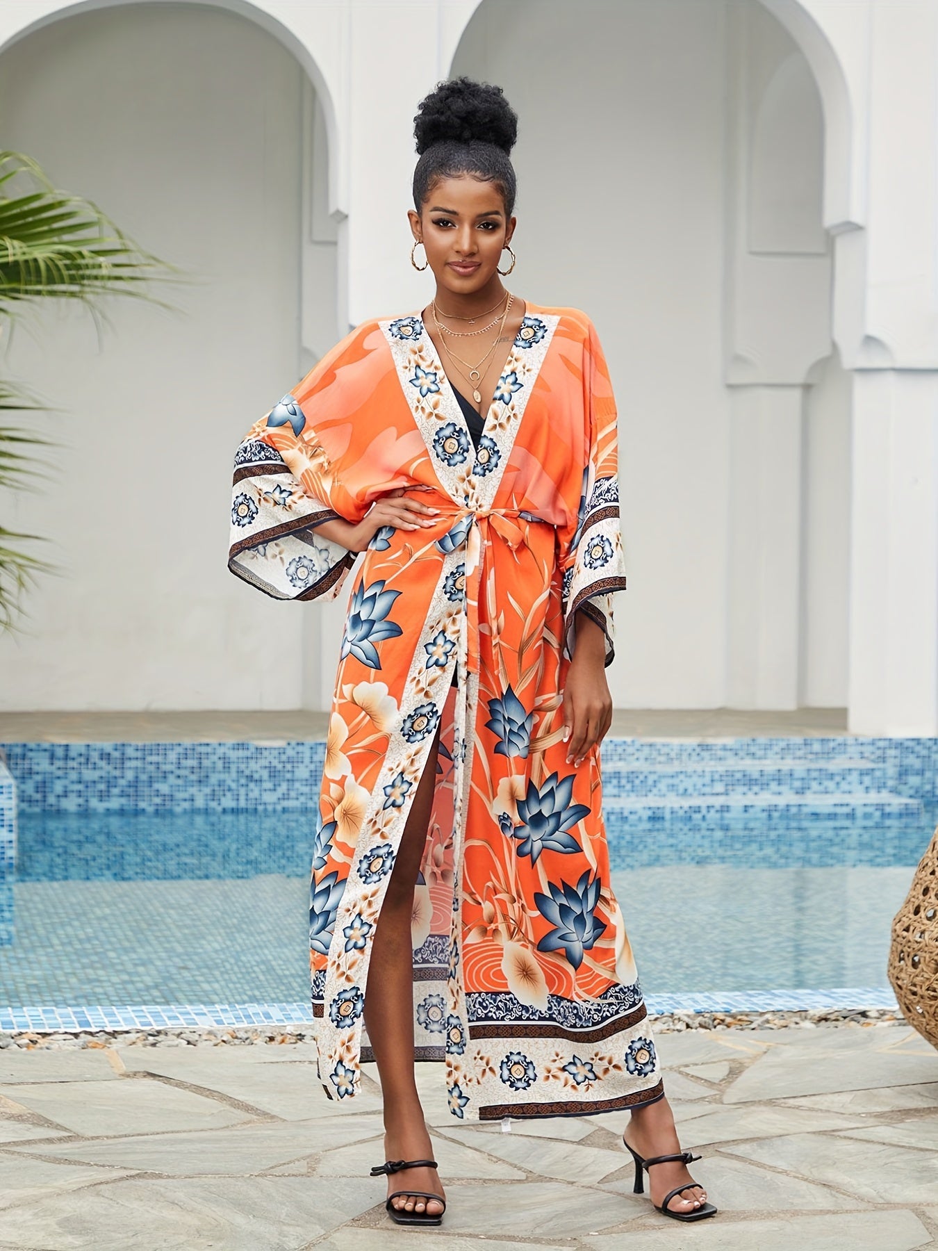 Sixsr Geo Print Open Front Belted Kimono, Boho Long Sleeve Beachwear Cove Up, Women's Clothing