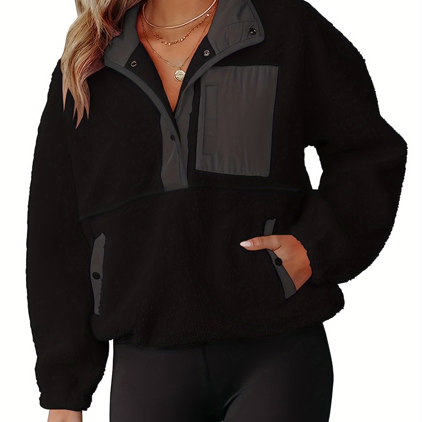 Sixsr Plus Size Casual Jacket, Women's Plus Colorblock Long Sleeve Sherpa Fleece Half Zipper Lapel Collar Pullover Jacket With Pockets