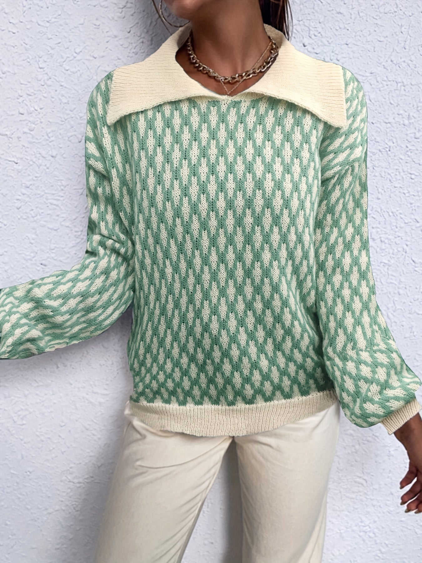 Sixsr Allover Pattern Flat Collar Pullover Sweater, Casual Long Sleeve Sweater, Women's Clothing