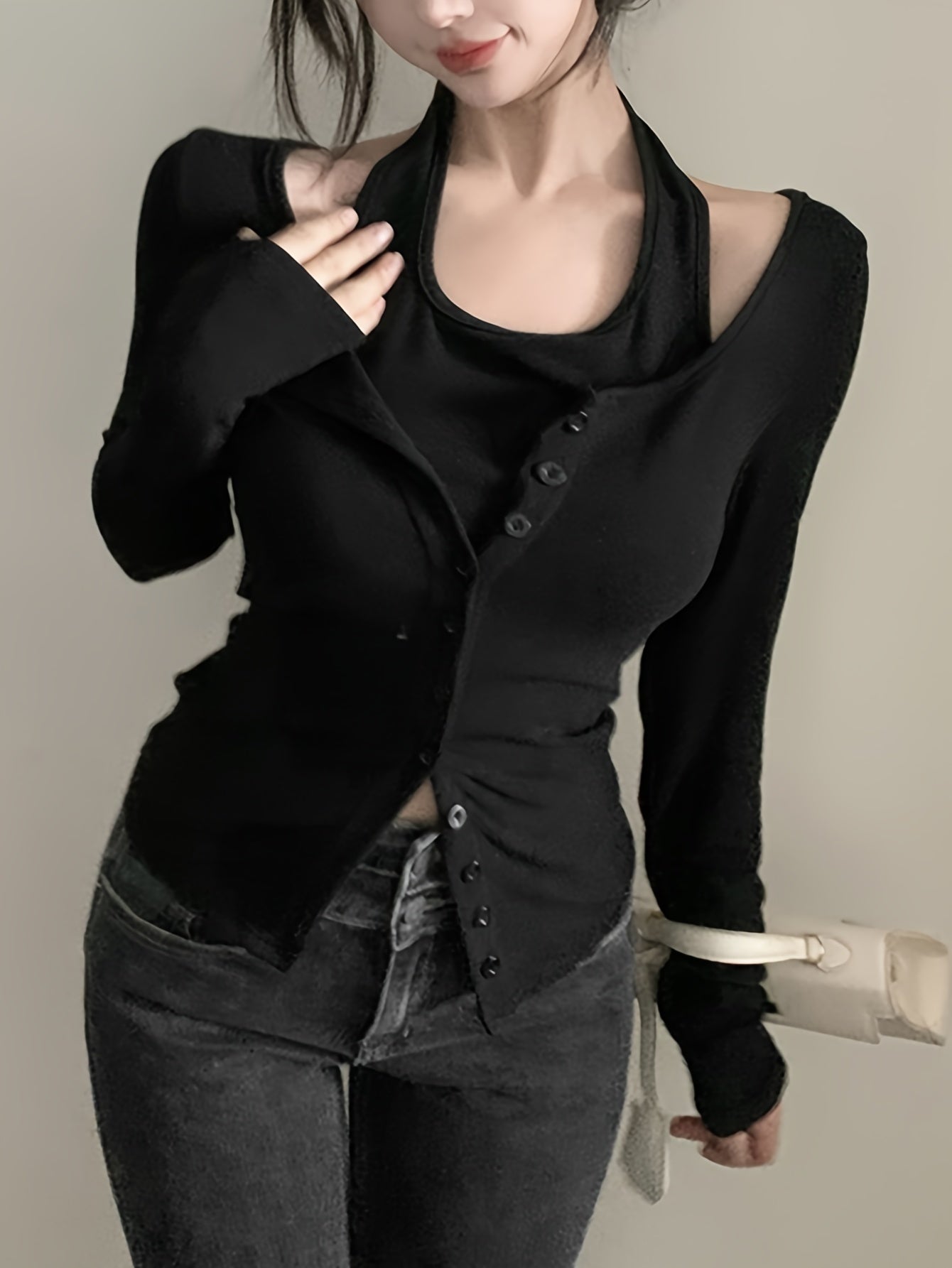 Sixsr Faux Twinset Halter Neck Top, Casual Long Sleeve Button Top For Spring & Fall, Women's Clothing