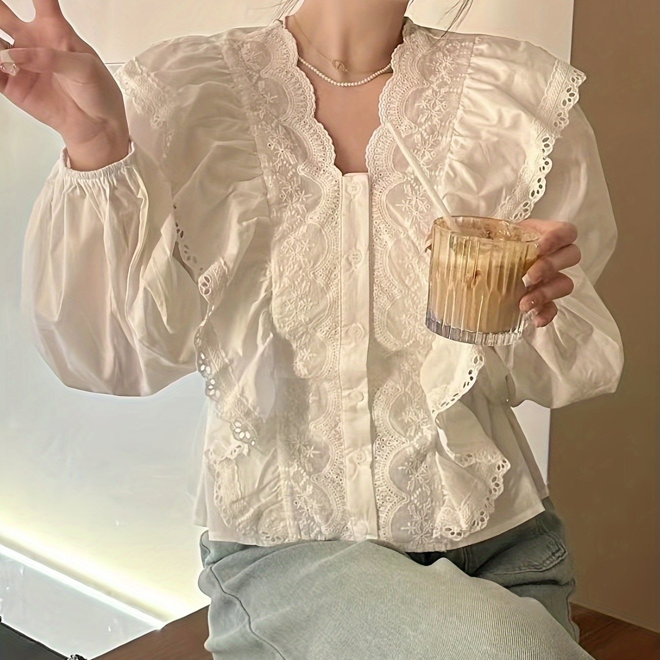 Sixsr Contrast Lace Button Front Blouse, Ruffle Trim Lantern Sleeve Blouse For Spring & Fall, Women's Clothing