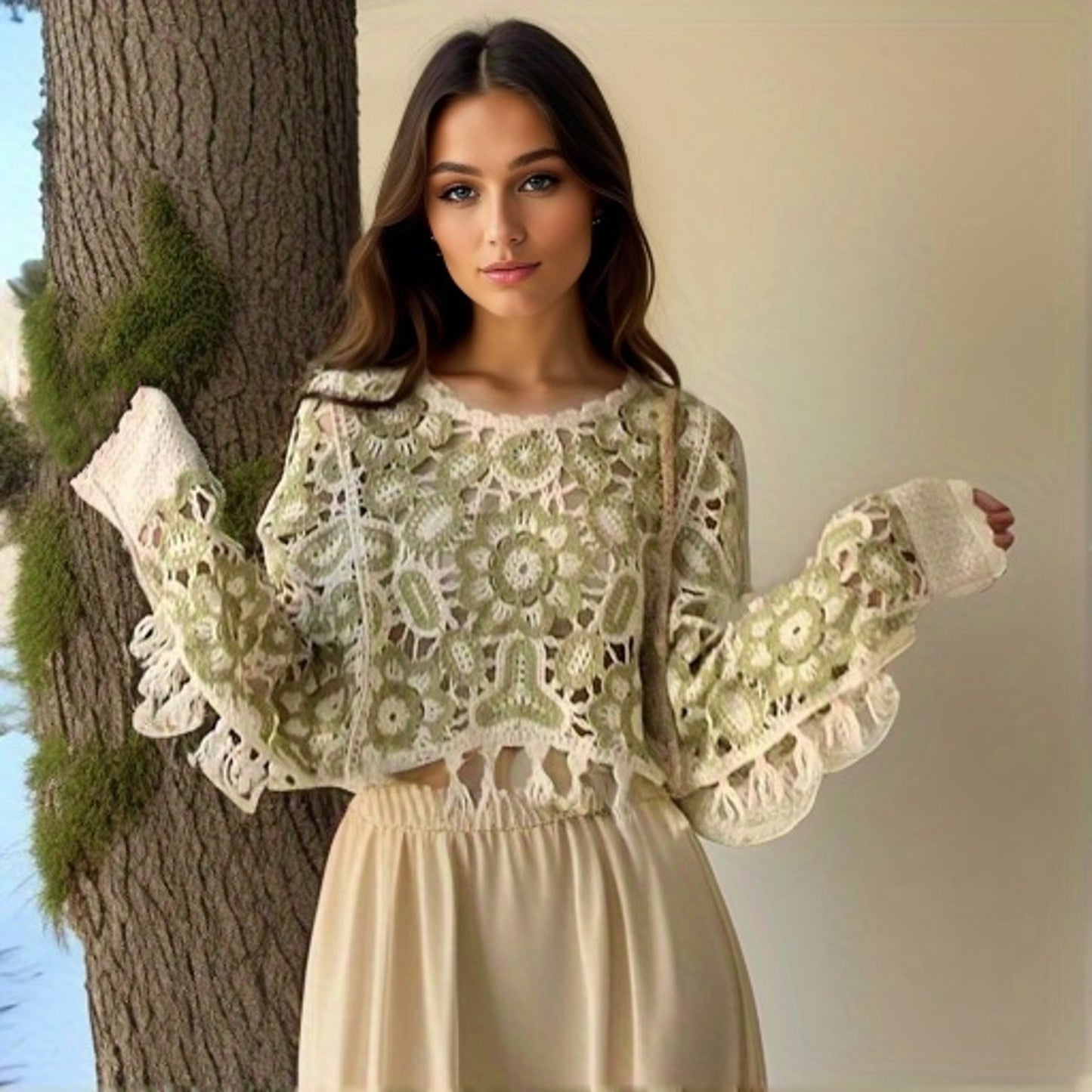 Sixsr Floral Hollow Out Tassel Shawl Elegant Long-sleeved Pullover Shawl Casual Daily Travel Versatile Coat
