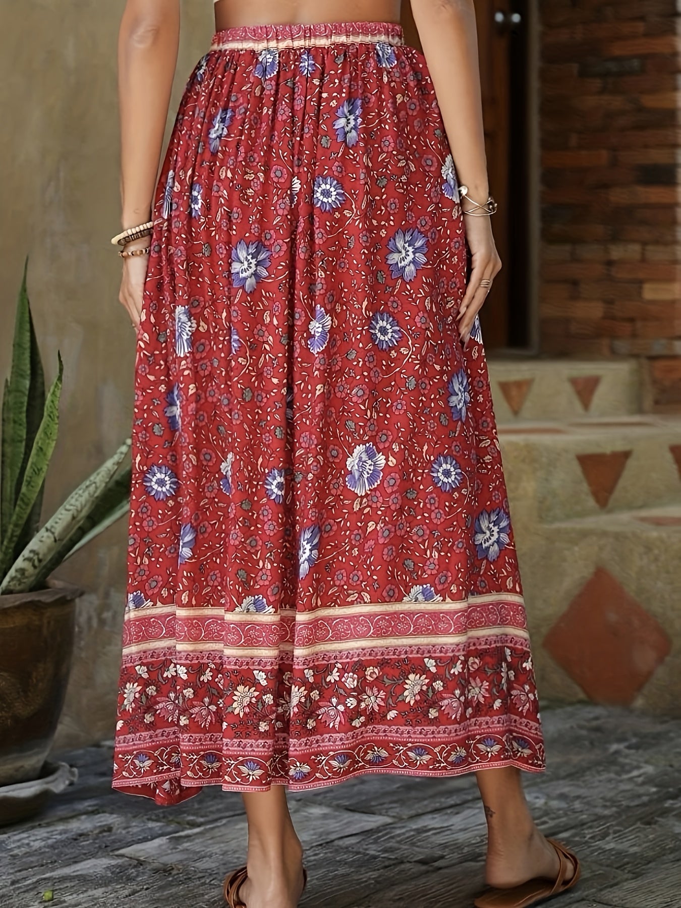 Sixsr Floral Print Drawstring Waist Skirt, Boho Skirt For Spring & Summer, Women's Clothing