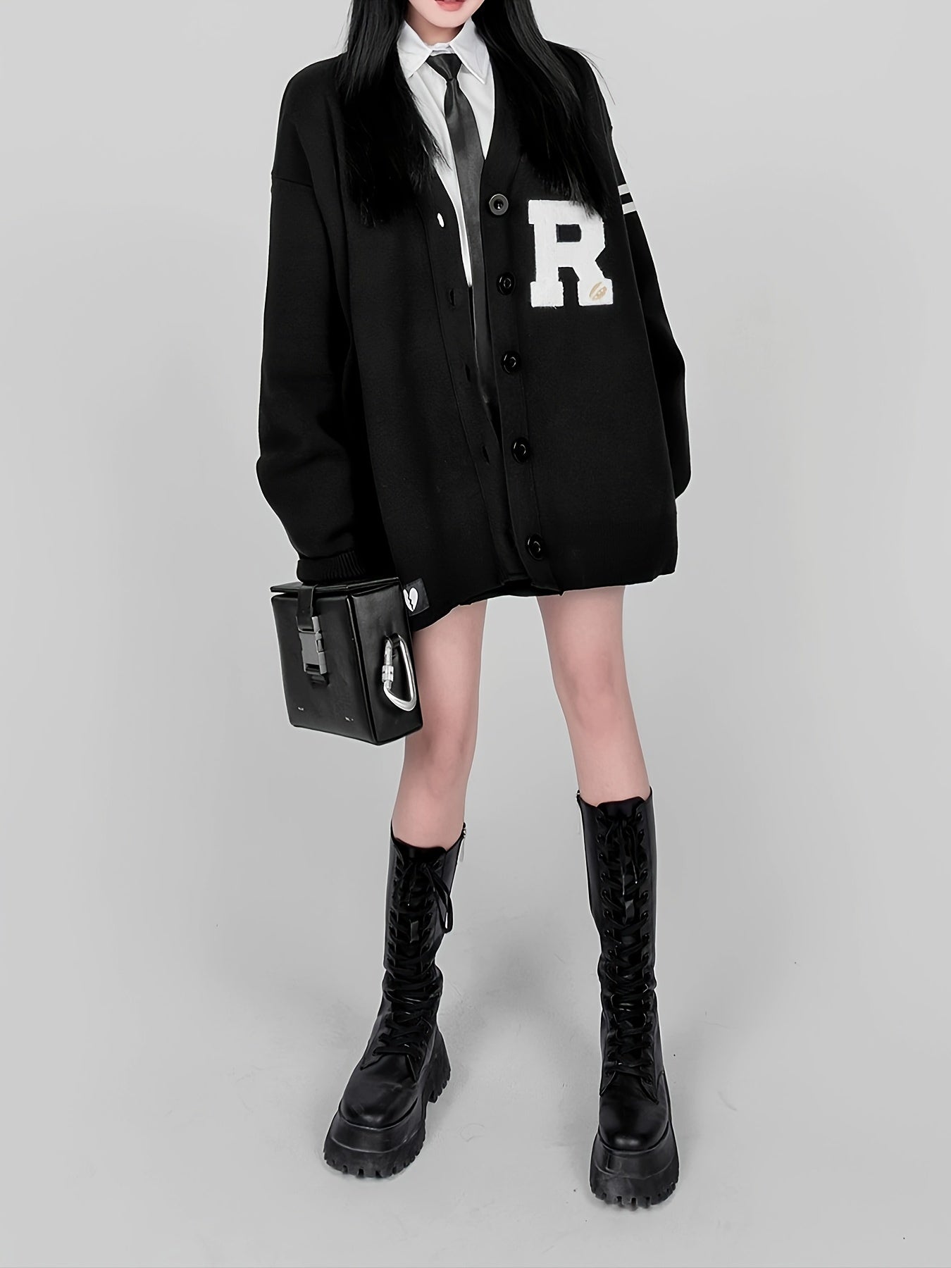 Sixsr Y2K Letter Pattern Button Up Knit Cardigan, Preppy Long Sleeve Loose Sweater, Women's Clothing